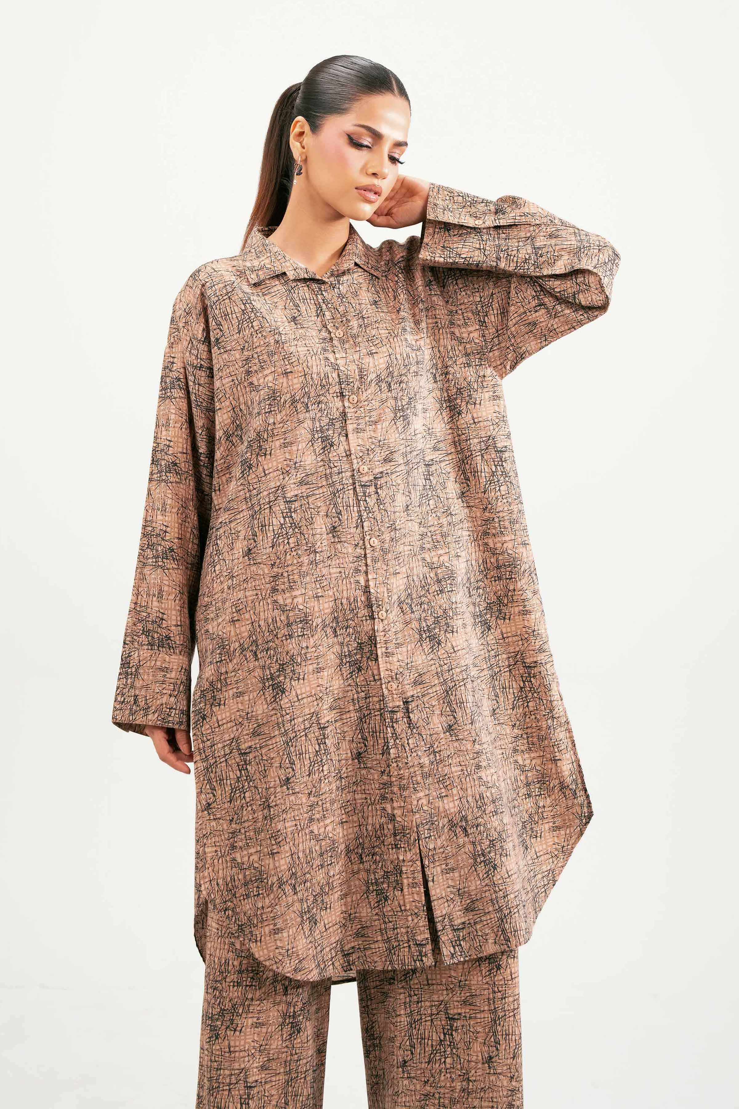 NISHATUAE - Brown Printed Jacquard 2-piece Ready to wear Dress