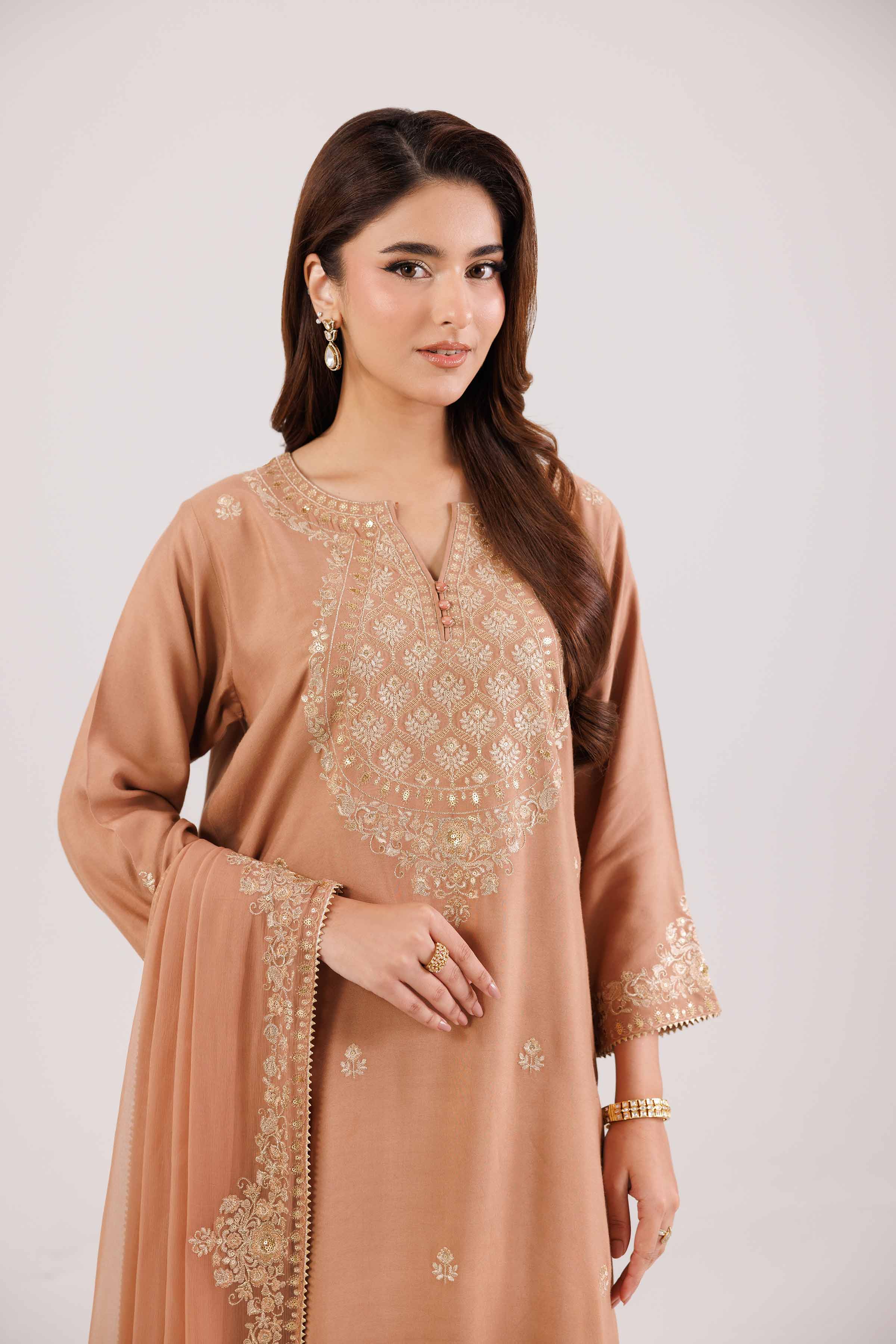NishatUAE -  Peach Embroidered Linen Suit Ready to wear Suit