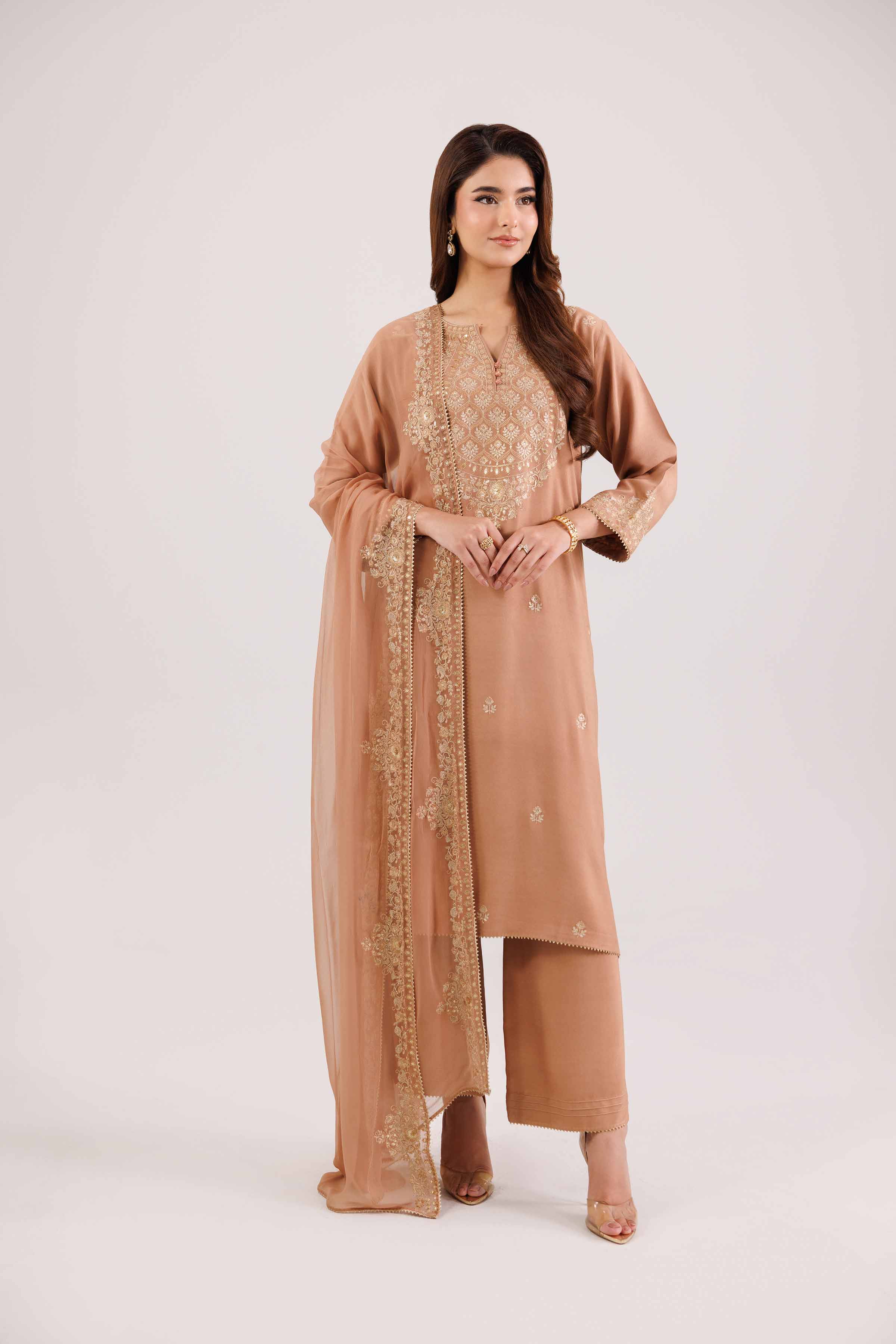 NishatUAE -  Peach Embroidered Linen Suit Ready to wear Suit