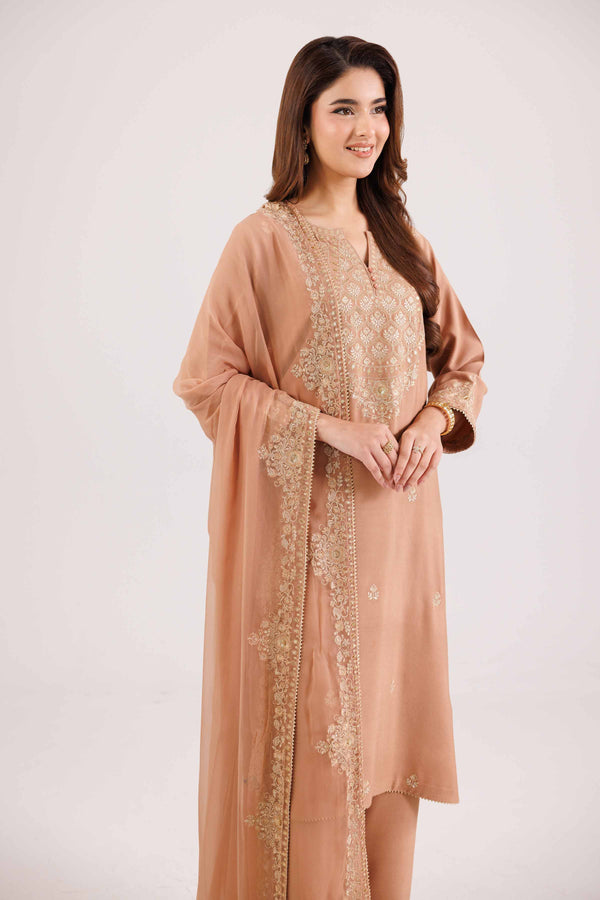 NishatUAE -  Peach Embroidered Linen Suit Ready to wear Suit