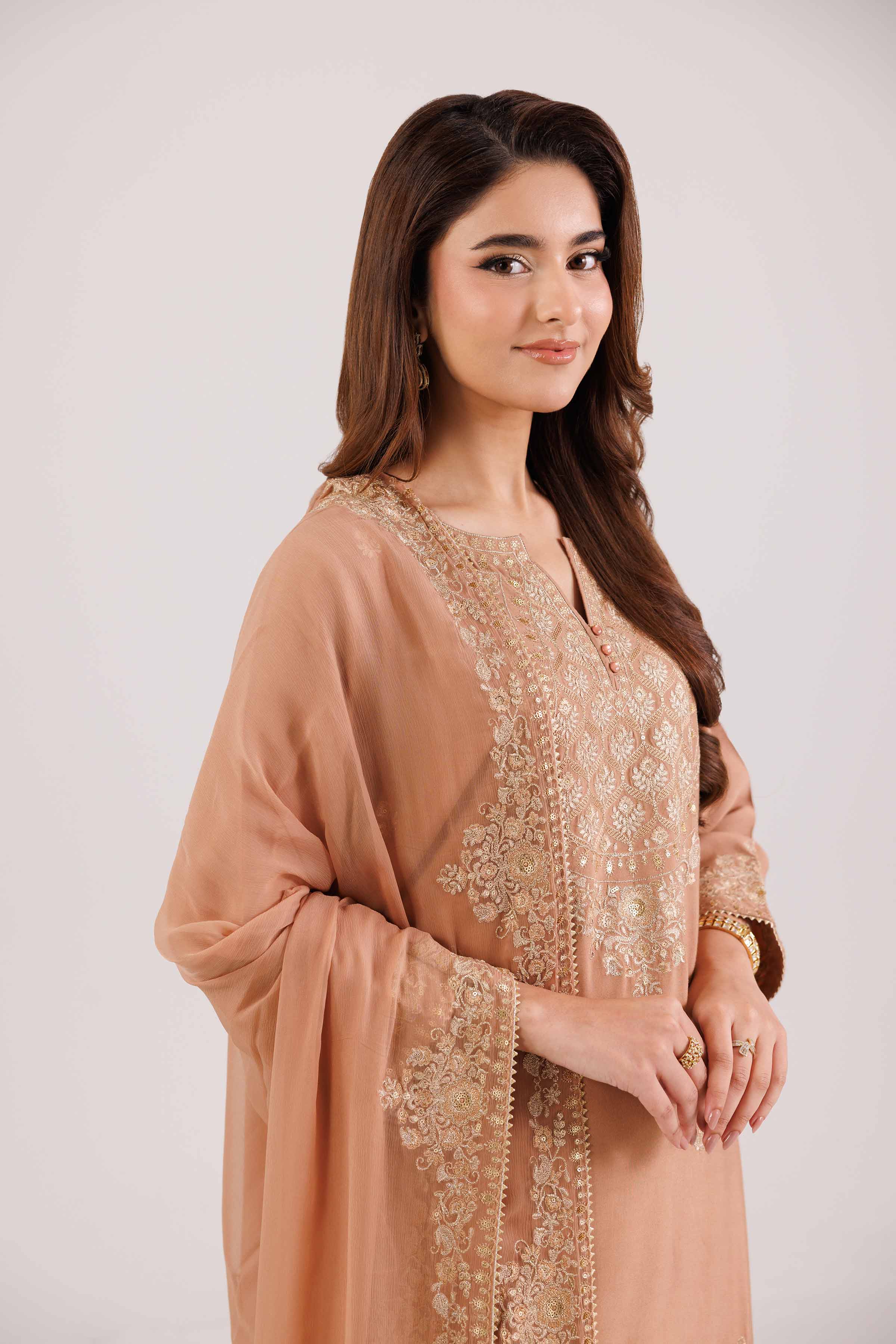 NishatUAE -  Peach Embroidered Linen Suit Ready to wear Suit