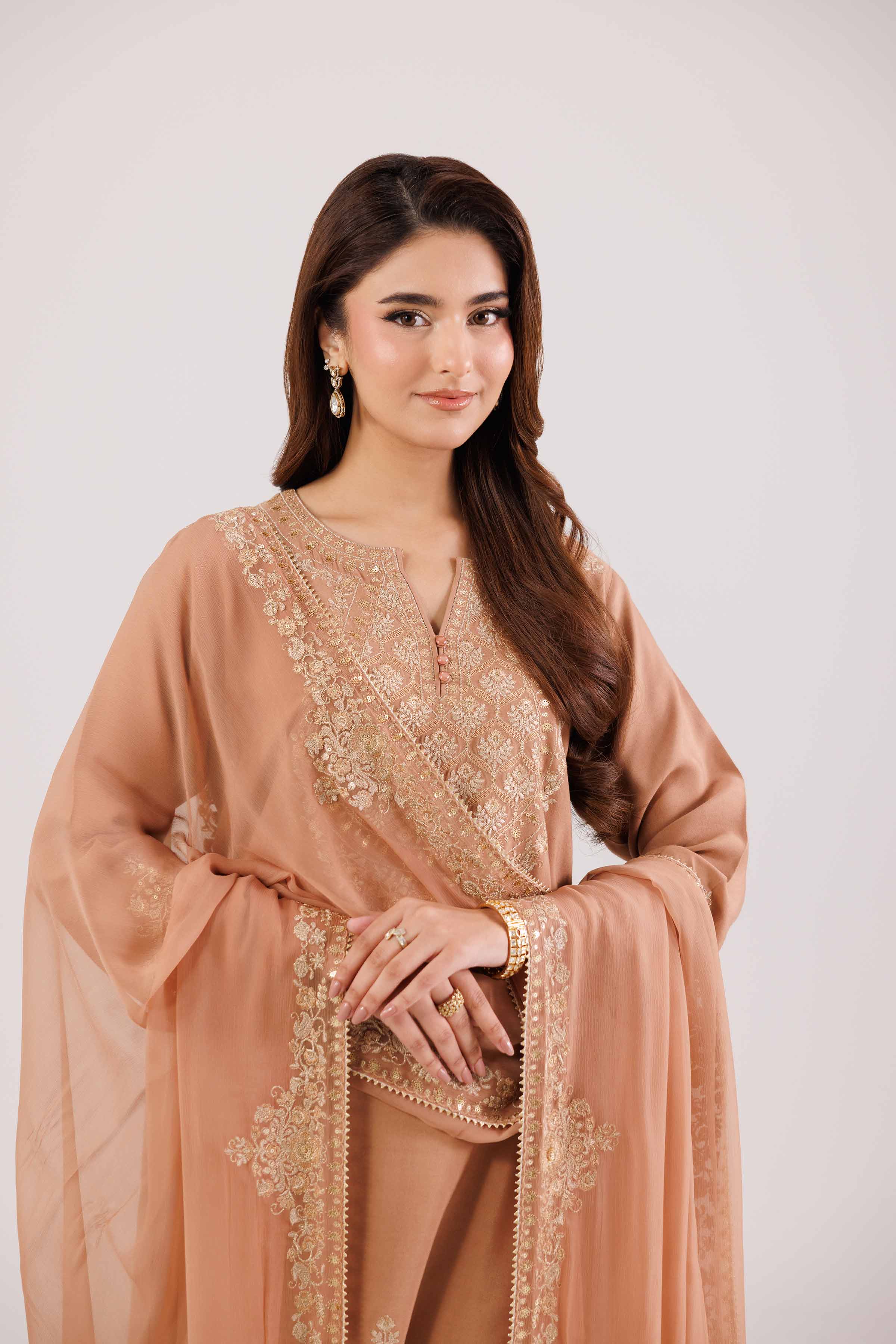 NishatUAE -  Peach Embroidered Linen Suit Ready to wear Suit