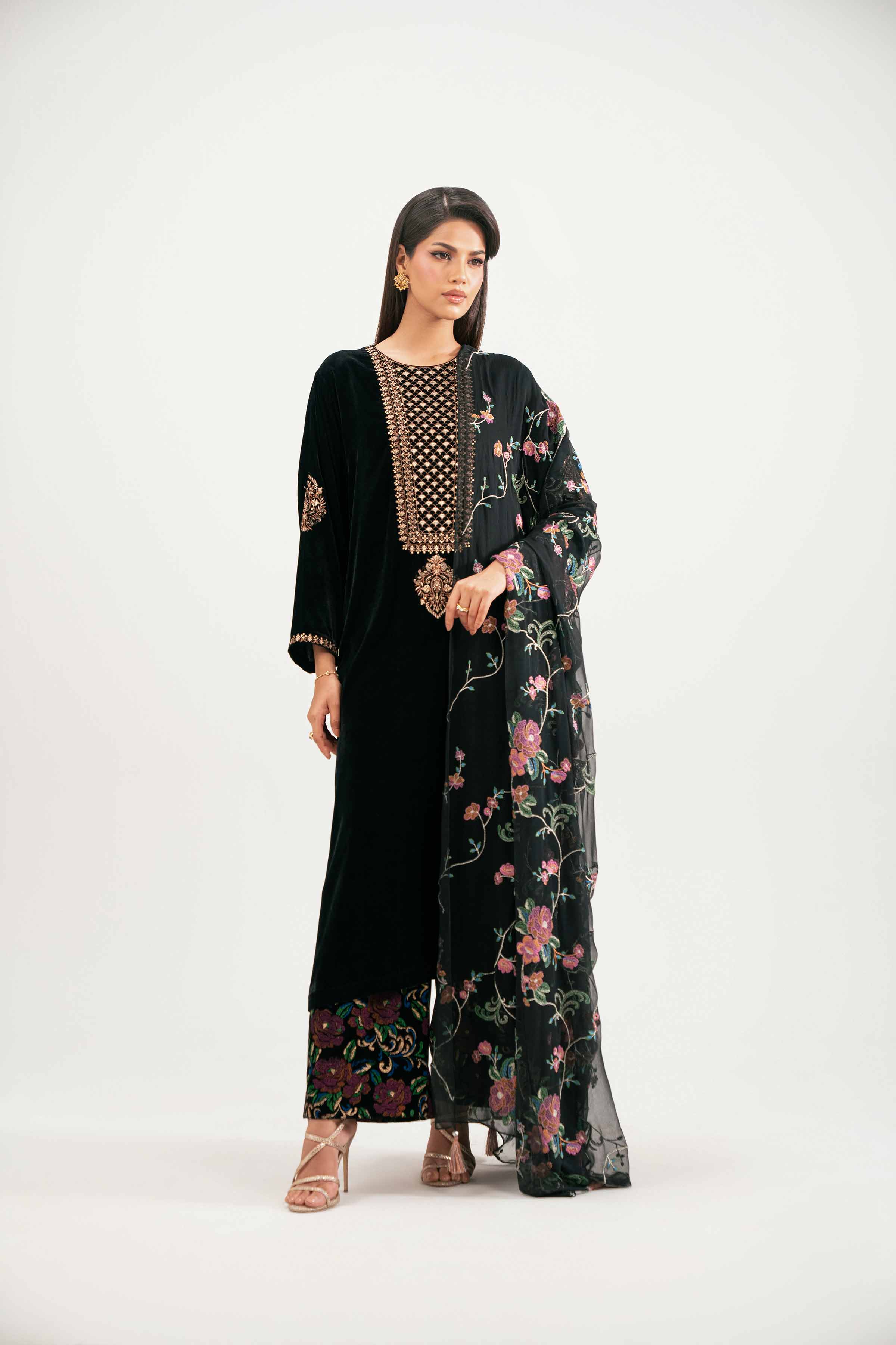 NISHATUAE - Black Embroidered Velvet 3-piece Ready to wear Suit