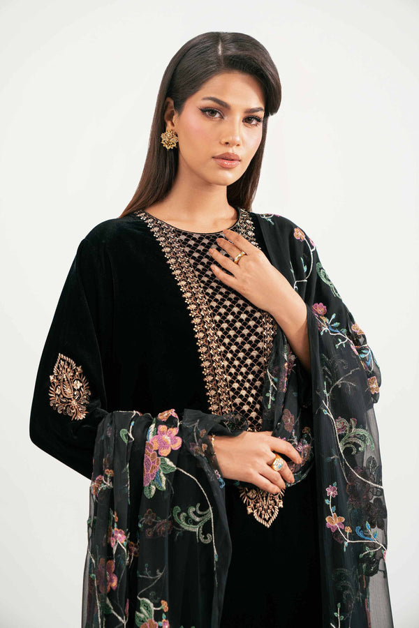 NISHATUAE - Black Embroidered Velvet 3-piece Ready to wear Suit
