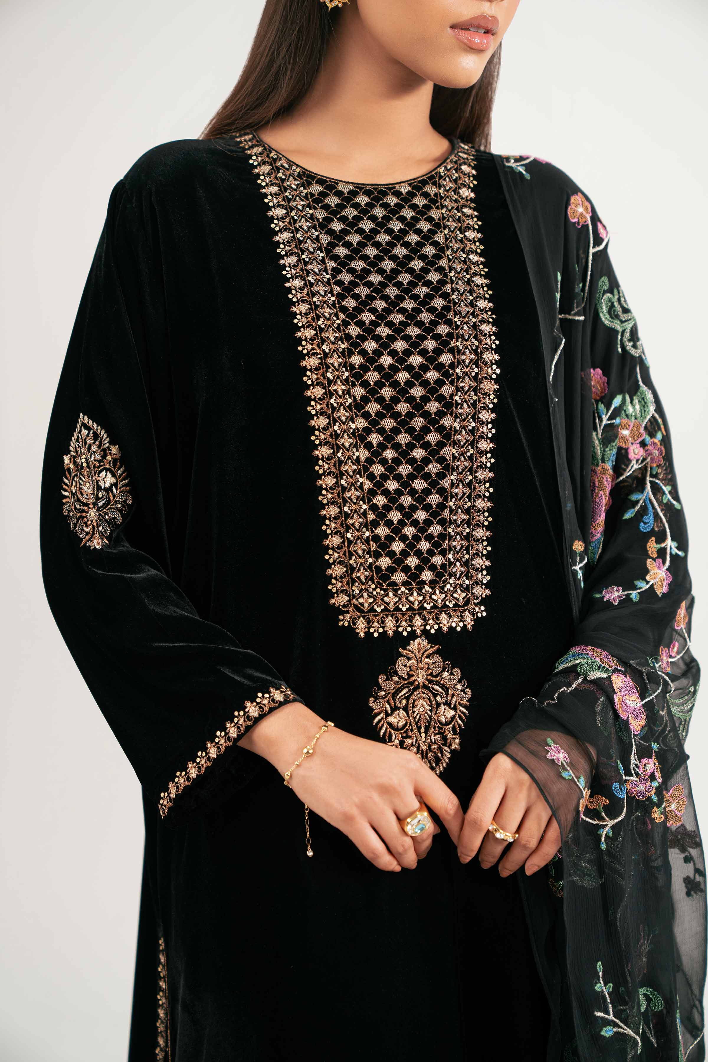 NISHATUAE - Black Embroidered Velvet 3-piece Ready to wear Suit