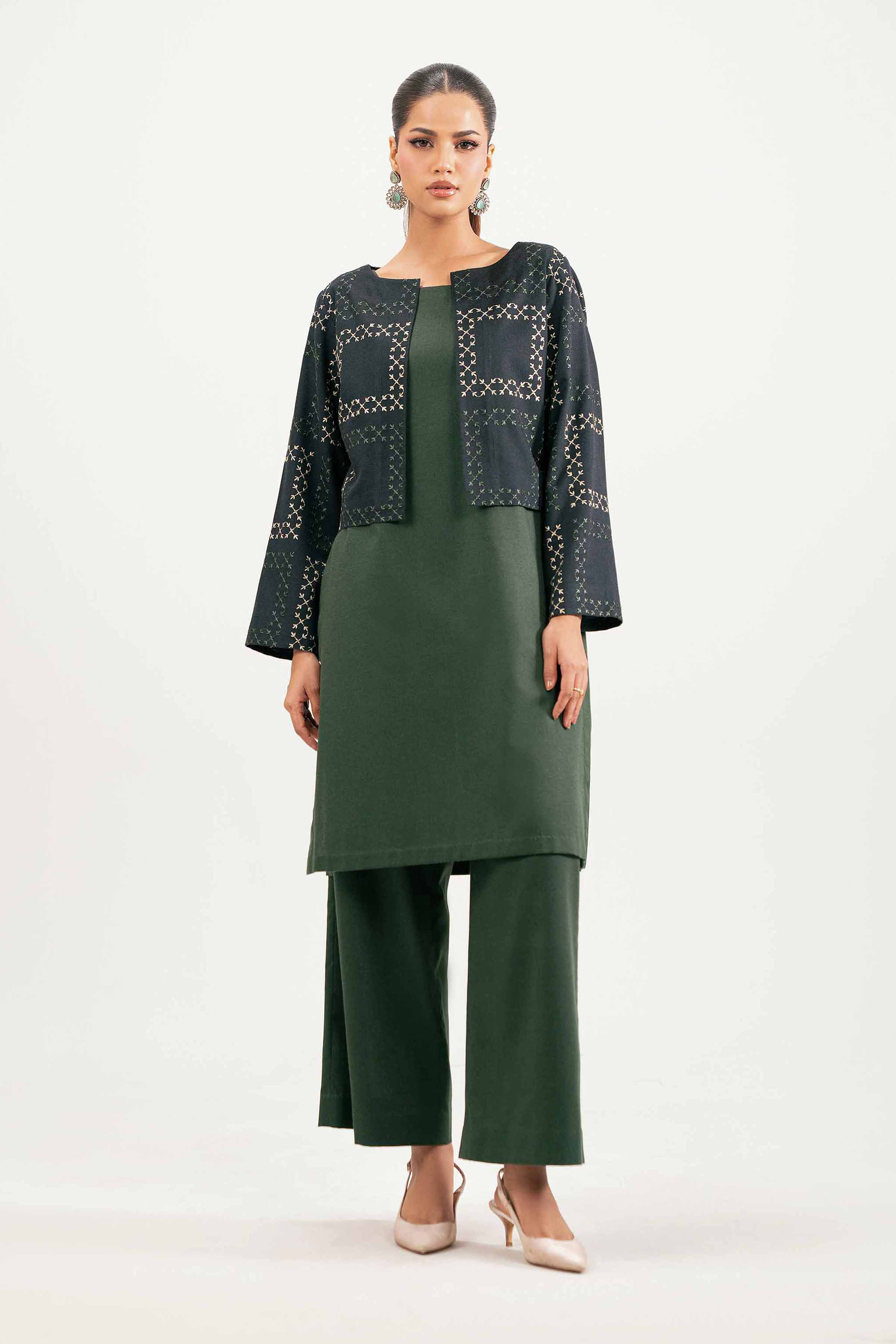 NISHATUAE - Green Embroidered Karandi 3-piece Ready to wear Suit