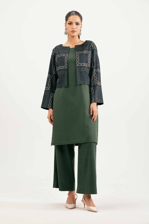 NISHATUAE - Green Embroidered Karandi 3-piece Ready to wear Suit