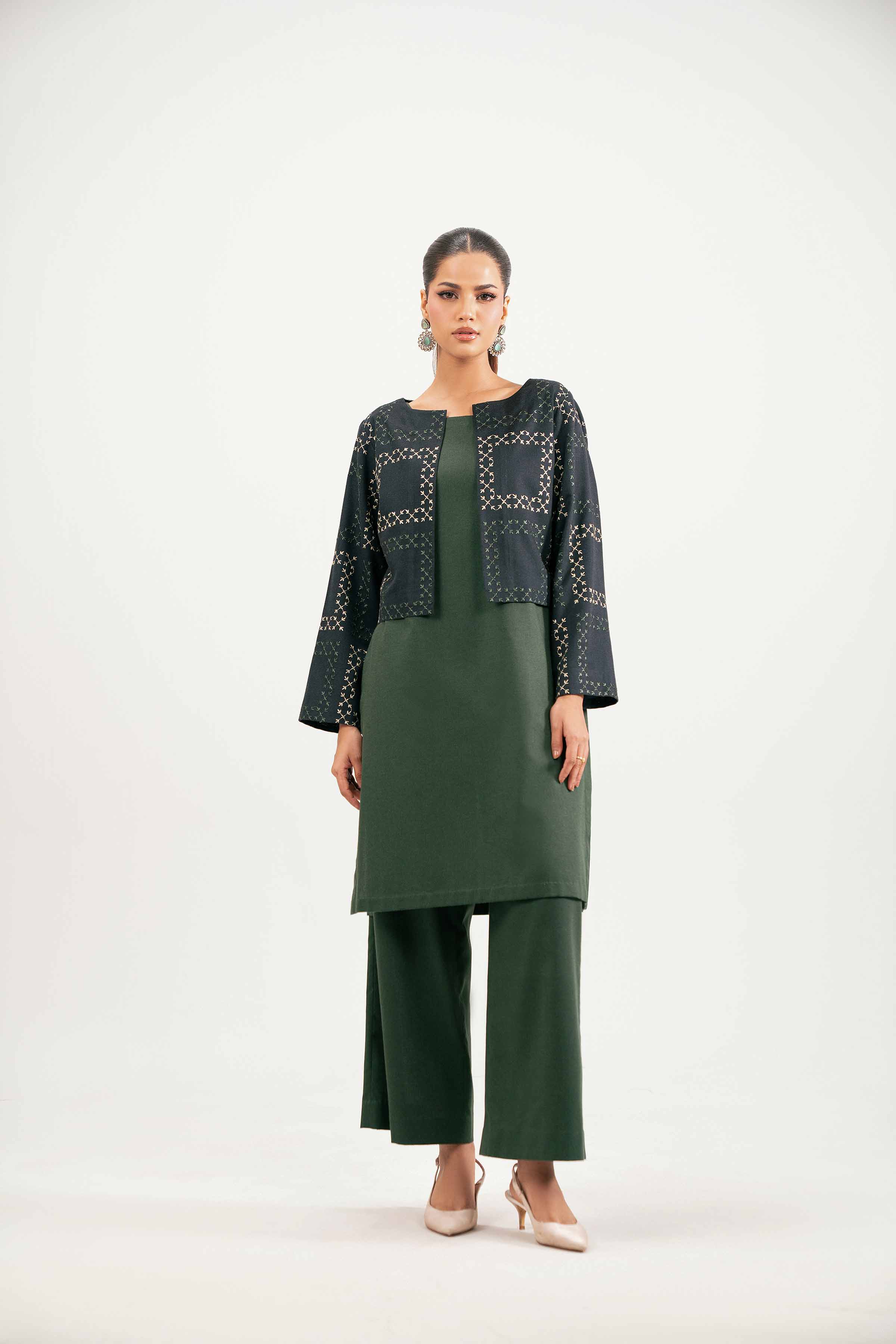 NISHATUAE - Green Embroidered Karandi 3-piece Ready to wear Suit