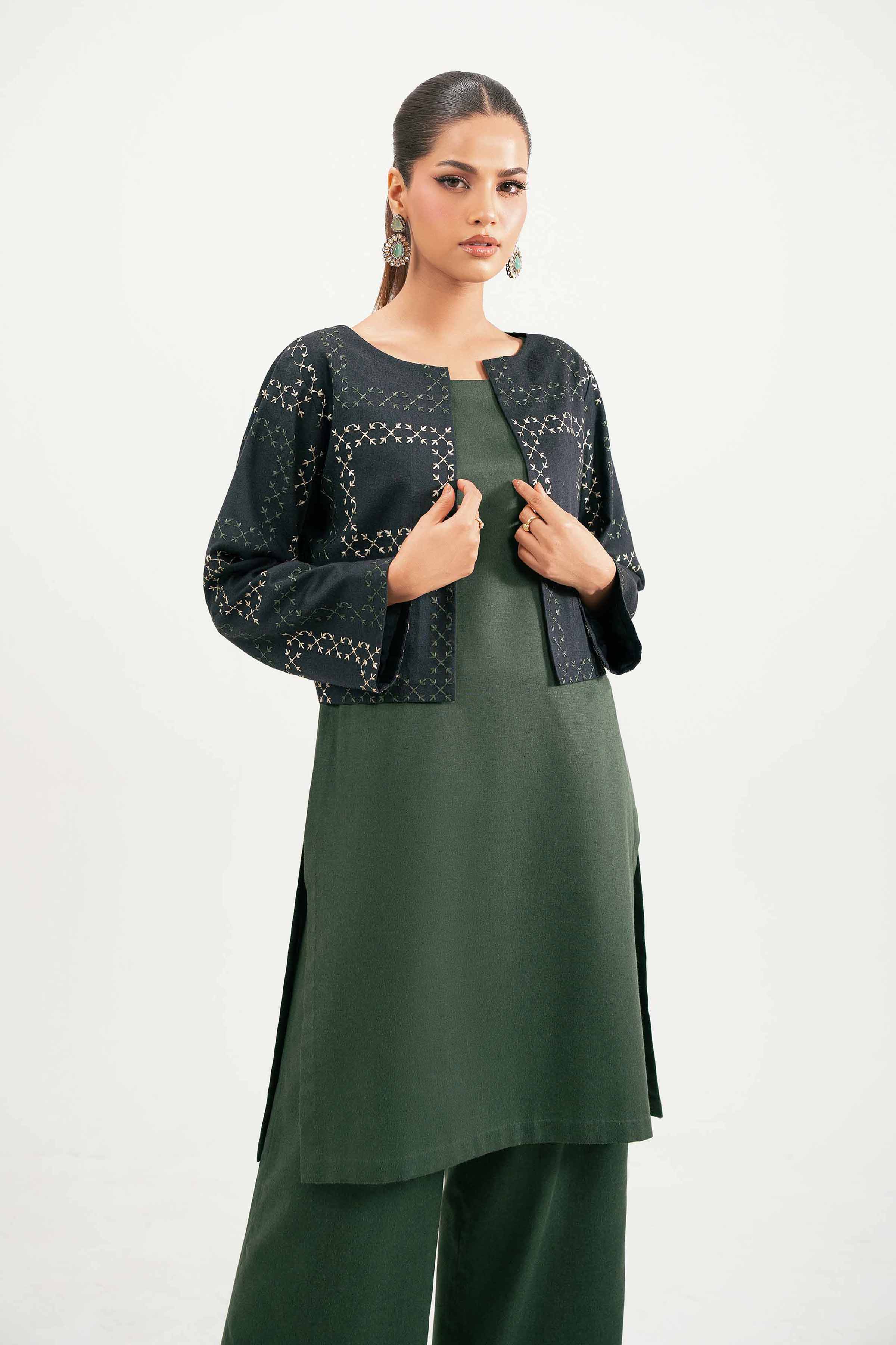 NISHATUAE - Green Embroidered Karandi 3-piece Ready to wear Suit