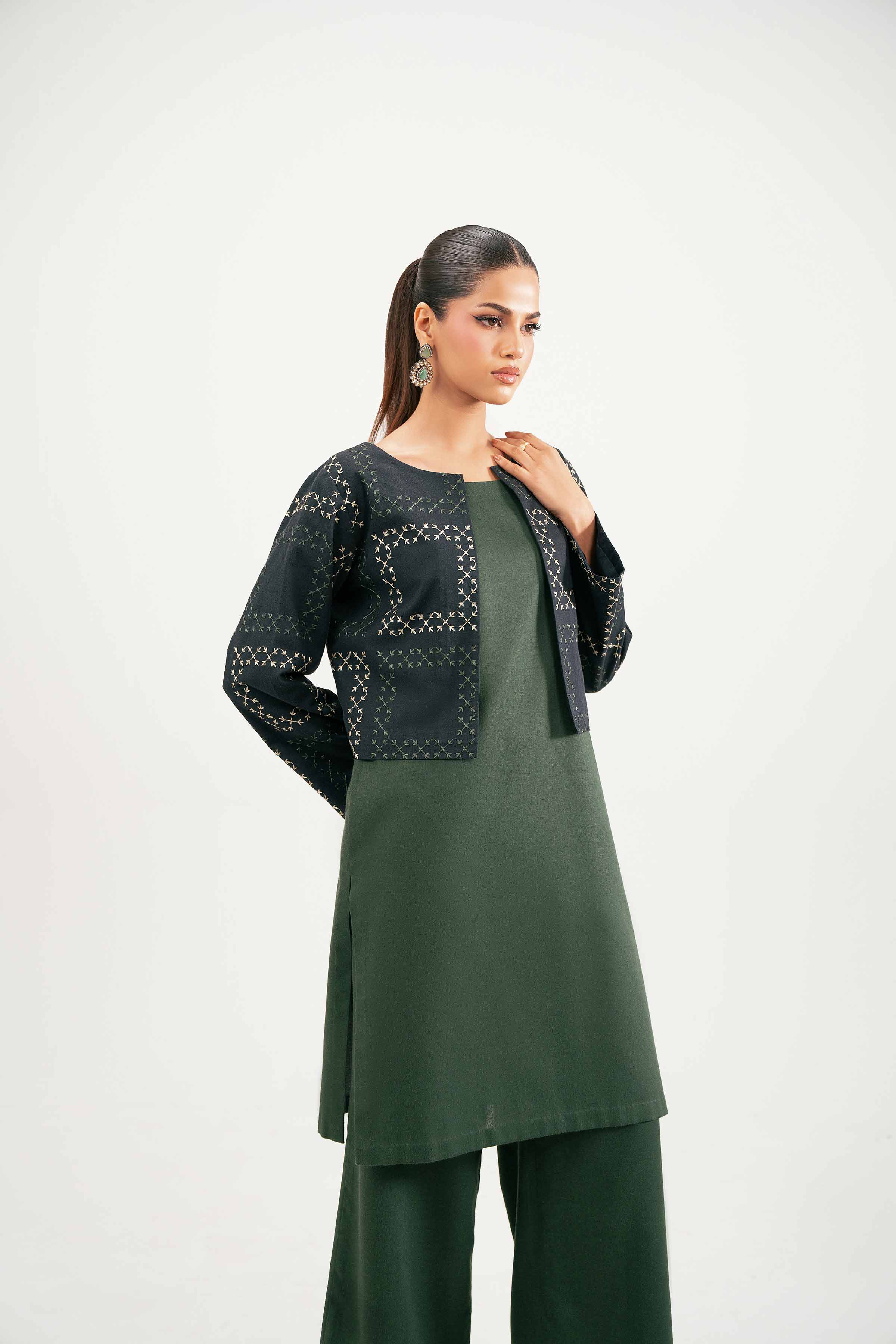 NISHATUAE - Green Embroidered Karandi 3-piece Ready to wear Suit