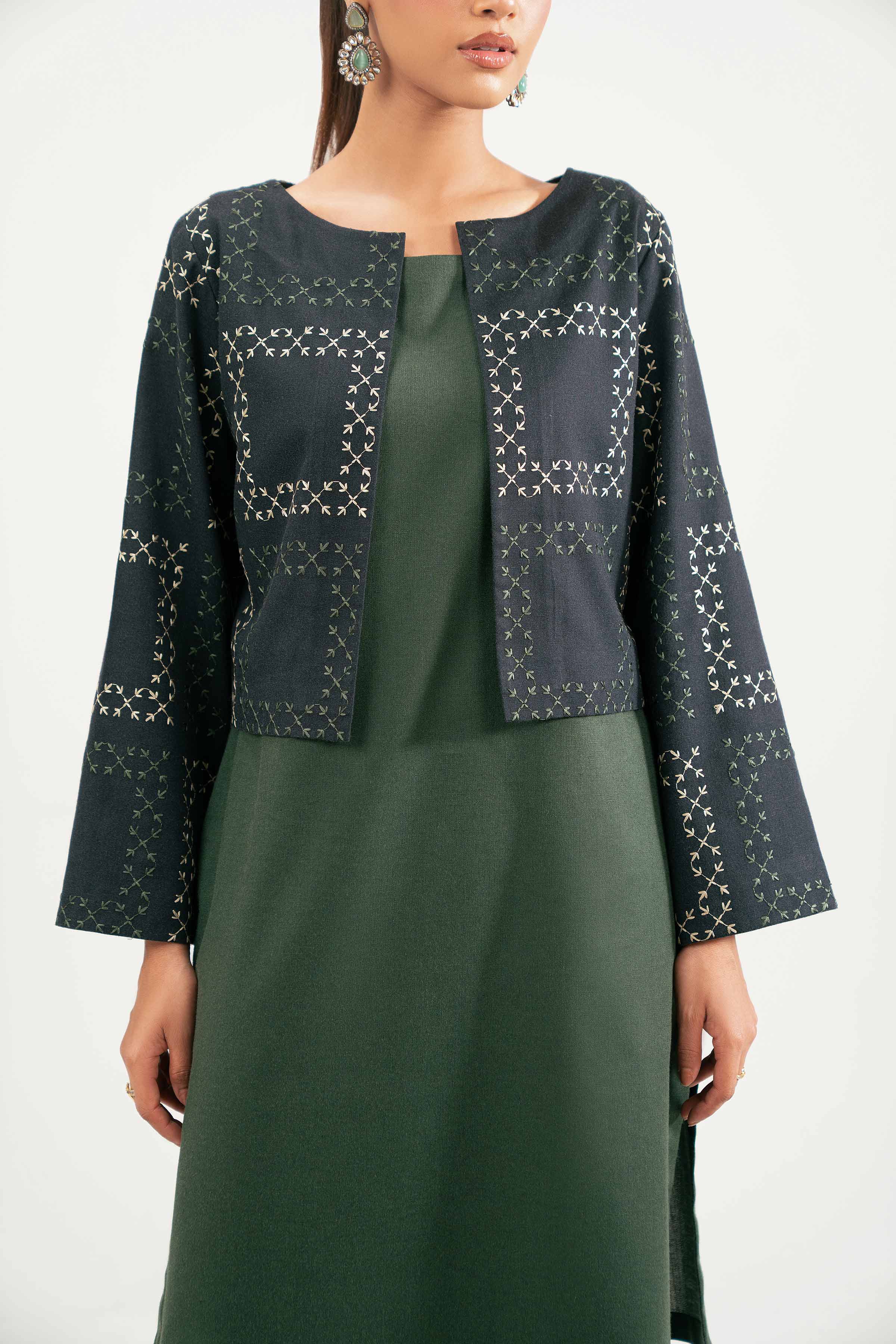 NISHATUAE - Green Embroidered Karandi 3-piece Ready to wear Suit