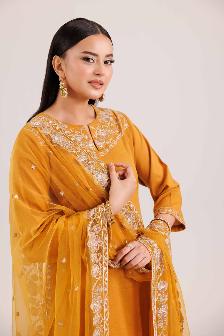NishatUAE -  Mustard Embroidered Karandi Suit Ready to wear Suit