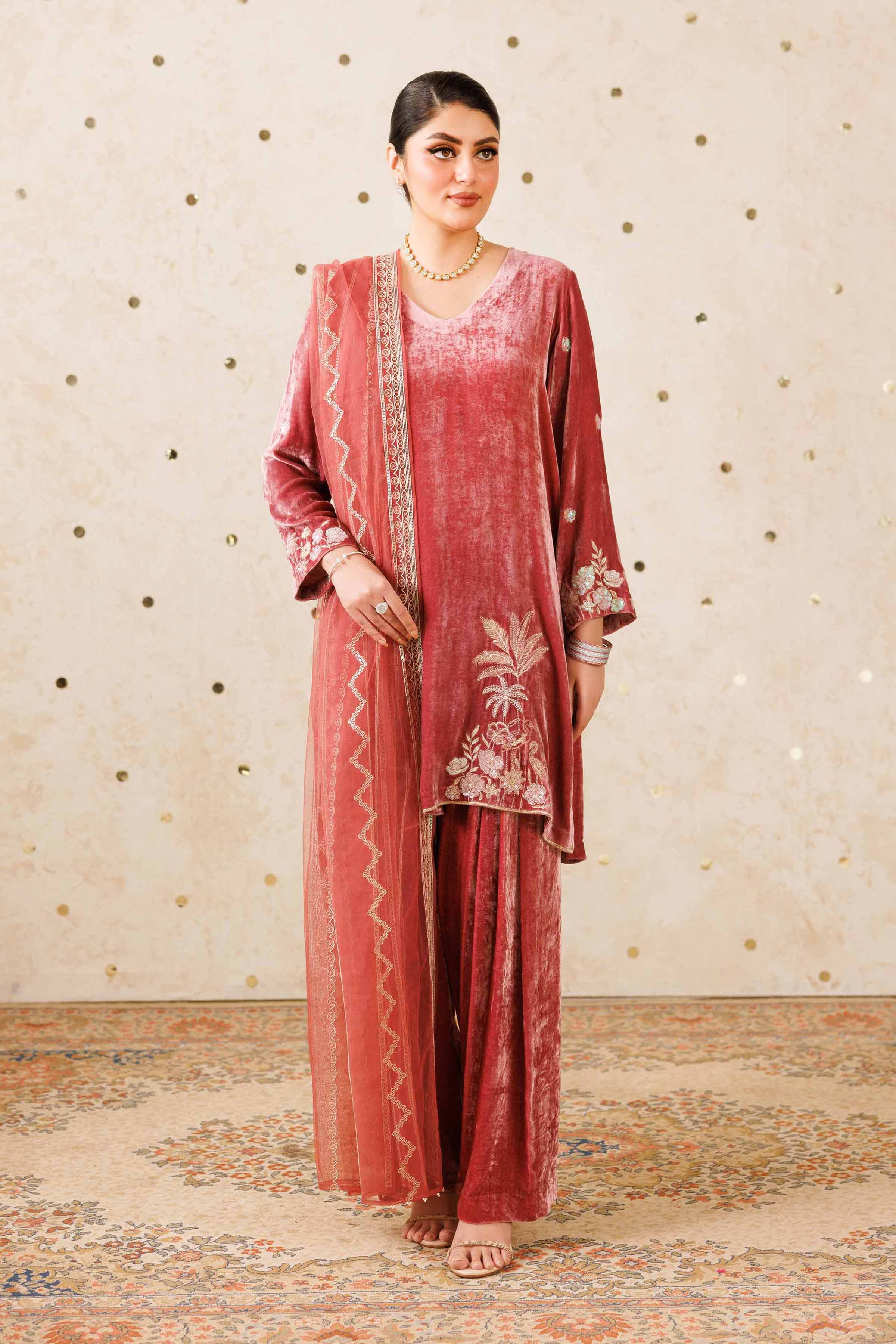NISHATUAE - Pink Embroidered Velvet 3-piece Ready to wear Suit