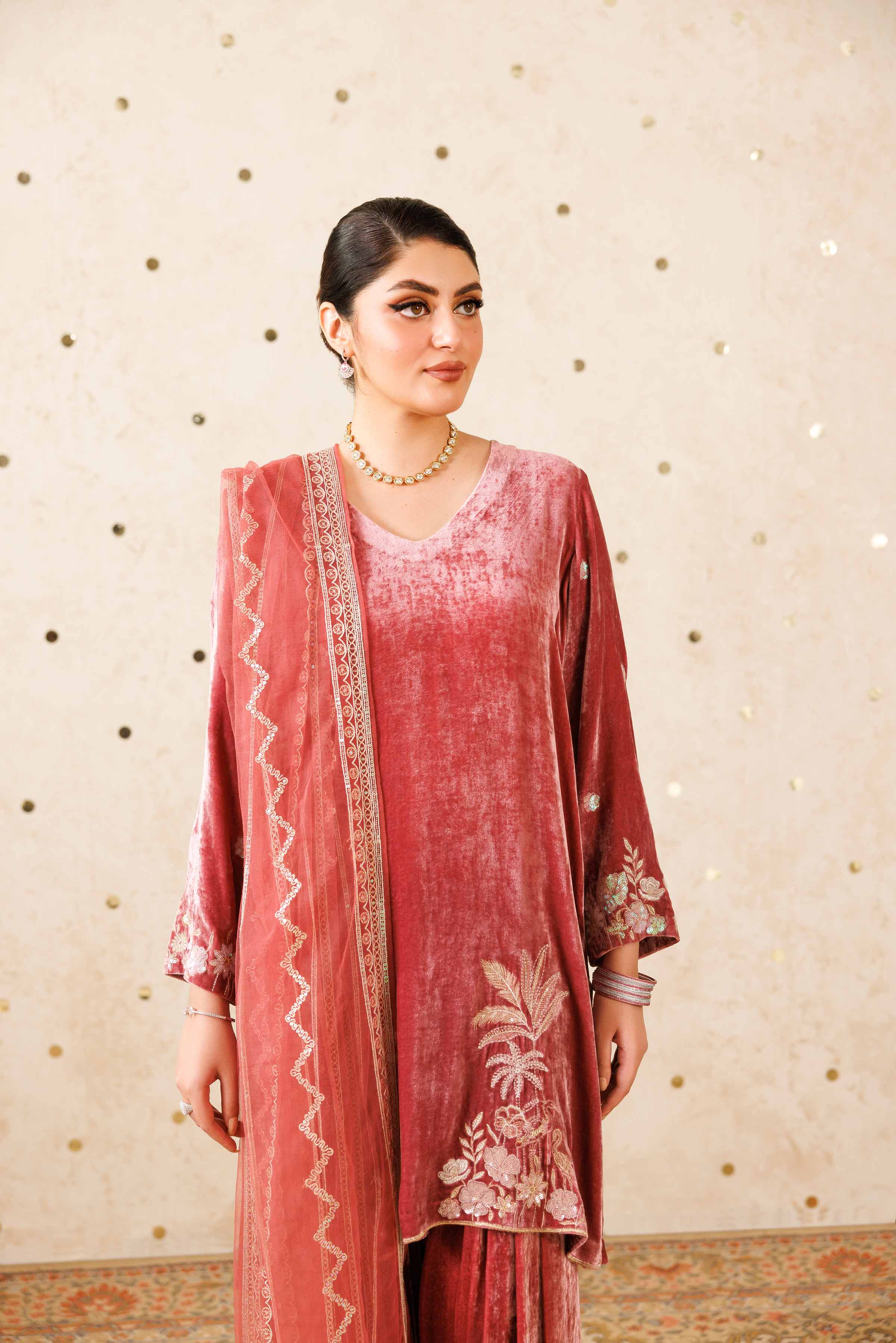 NISHATUAE - Pink Embroidered Velvet 3-piece Ready to wear Suit