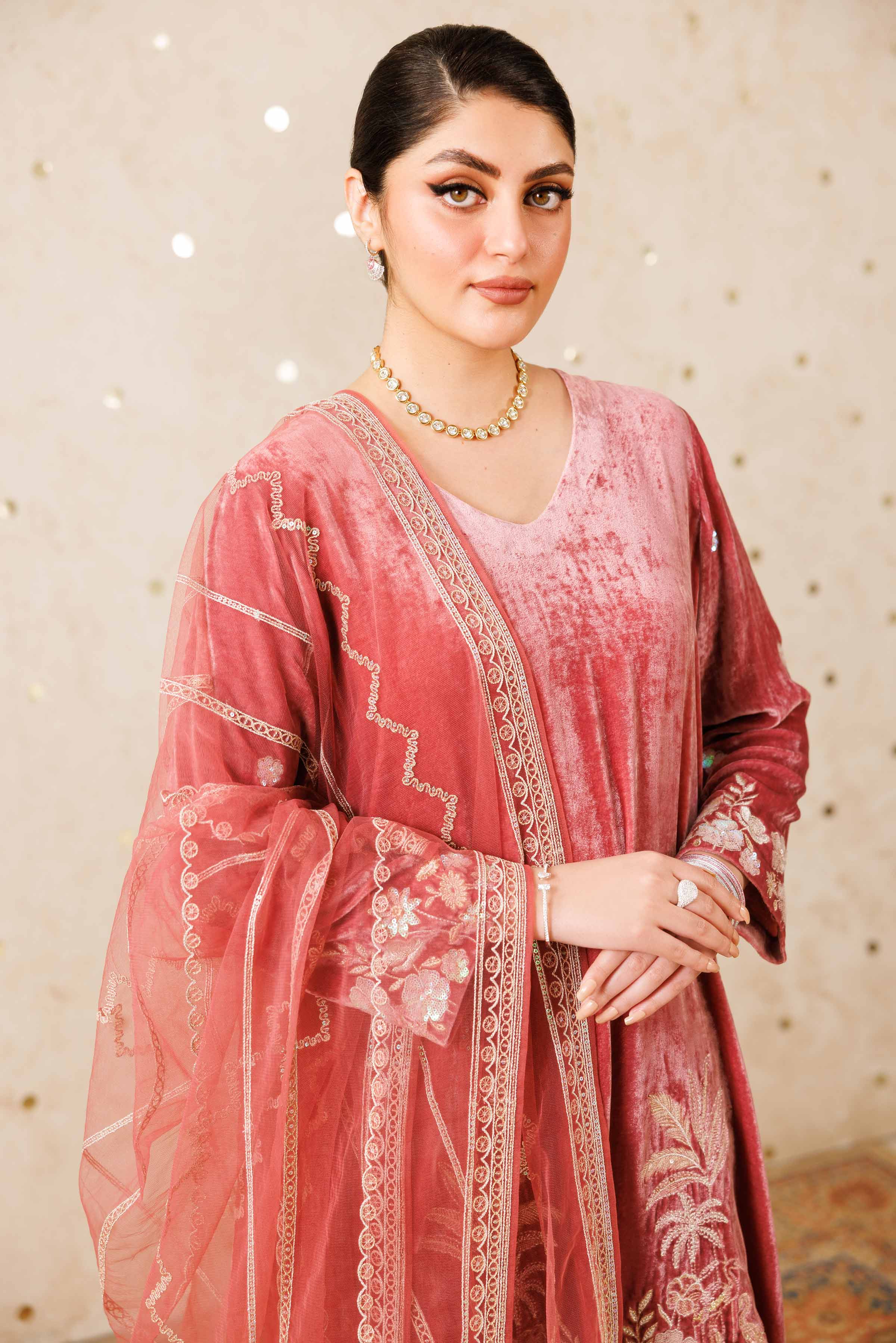 NISHATUAE - Pink Embroidered Velvet 3-piece Ready to wear Suit