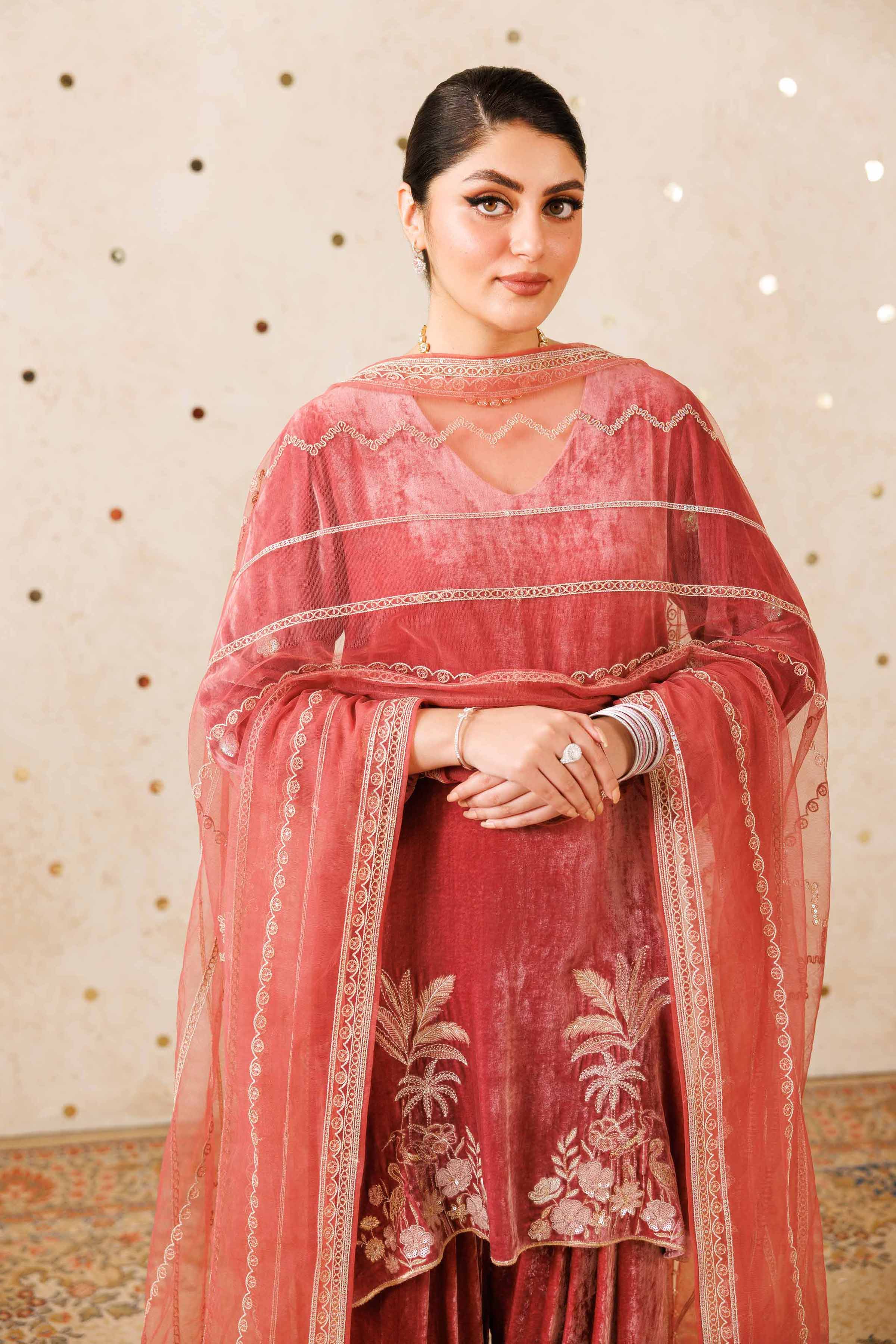 NISHATUAE - Pink Embroidered Velvet 3-piece Ready to wear Suit