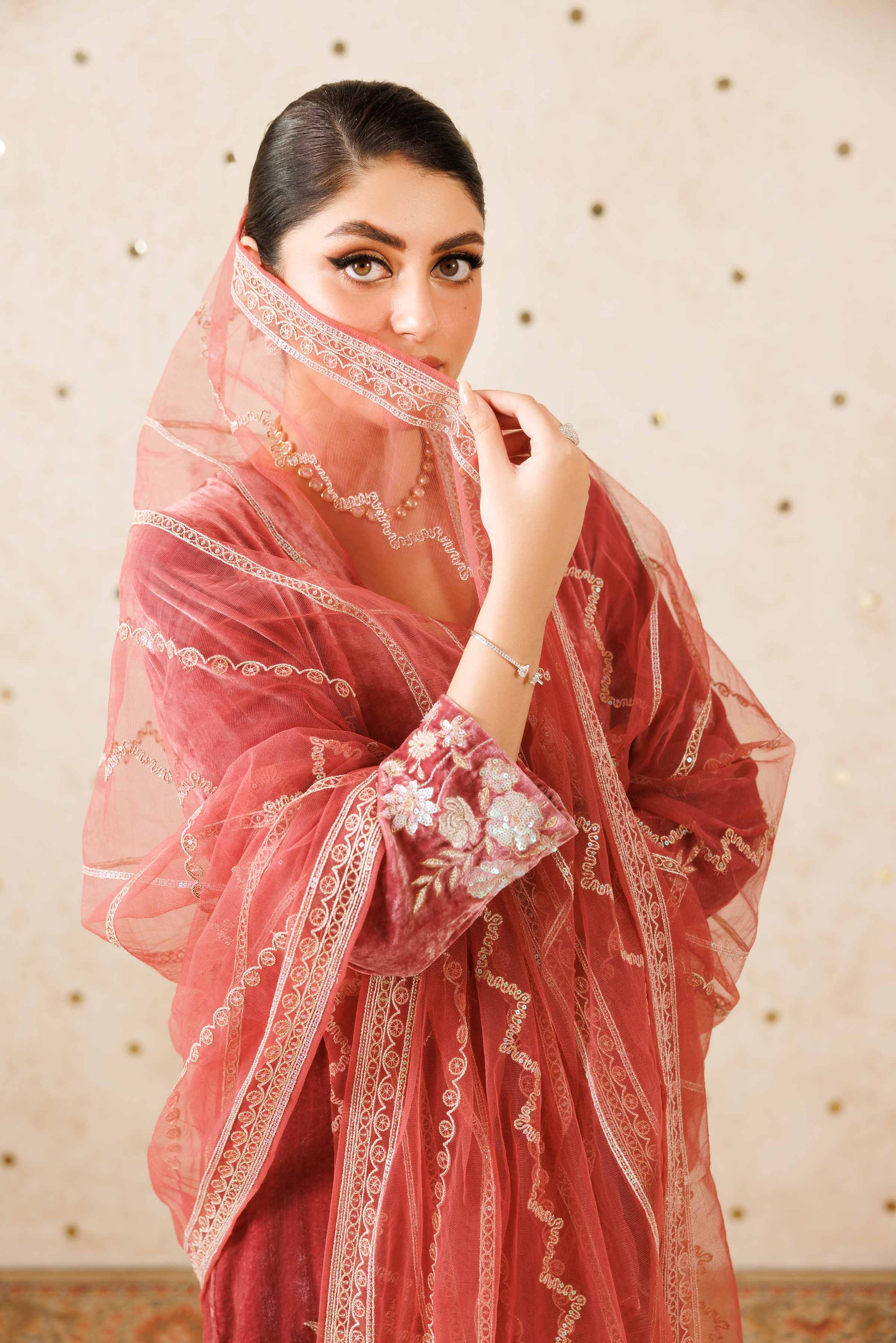 NISHATUAE - Pink Embroidered Velvet 3-piece Ready to wear Suit