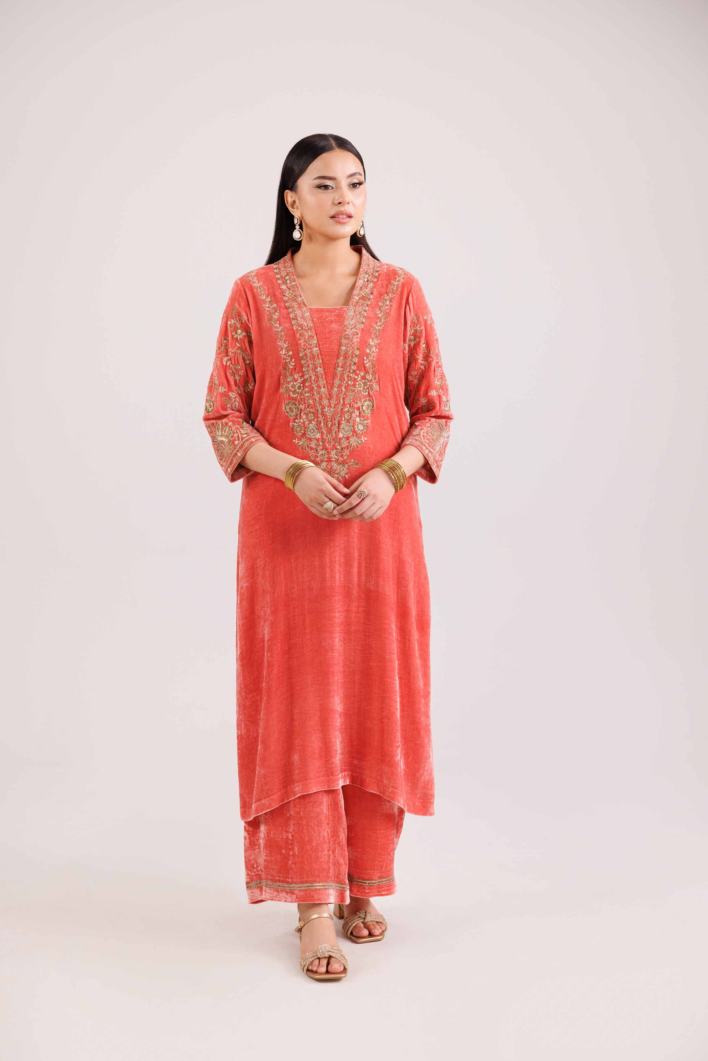NISHATUAE - Coral Embroidered Velvet 2-piece Ready to wear Dress
