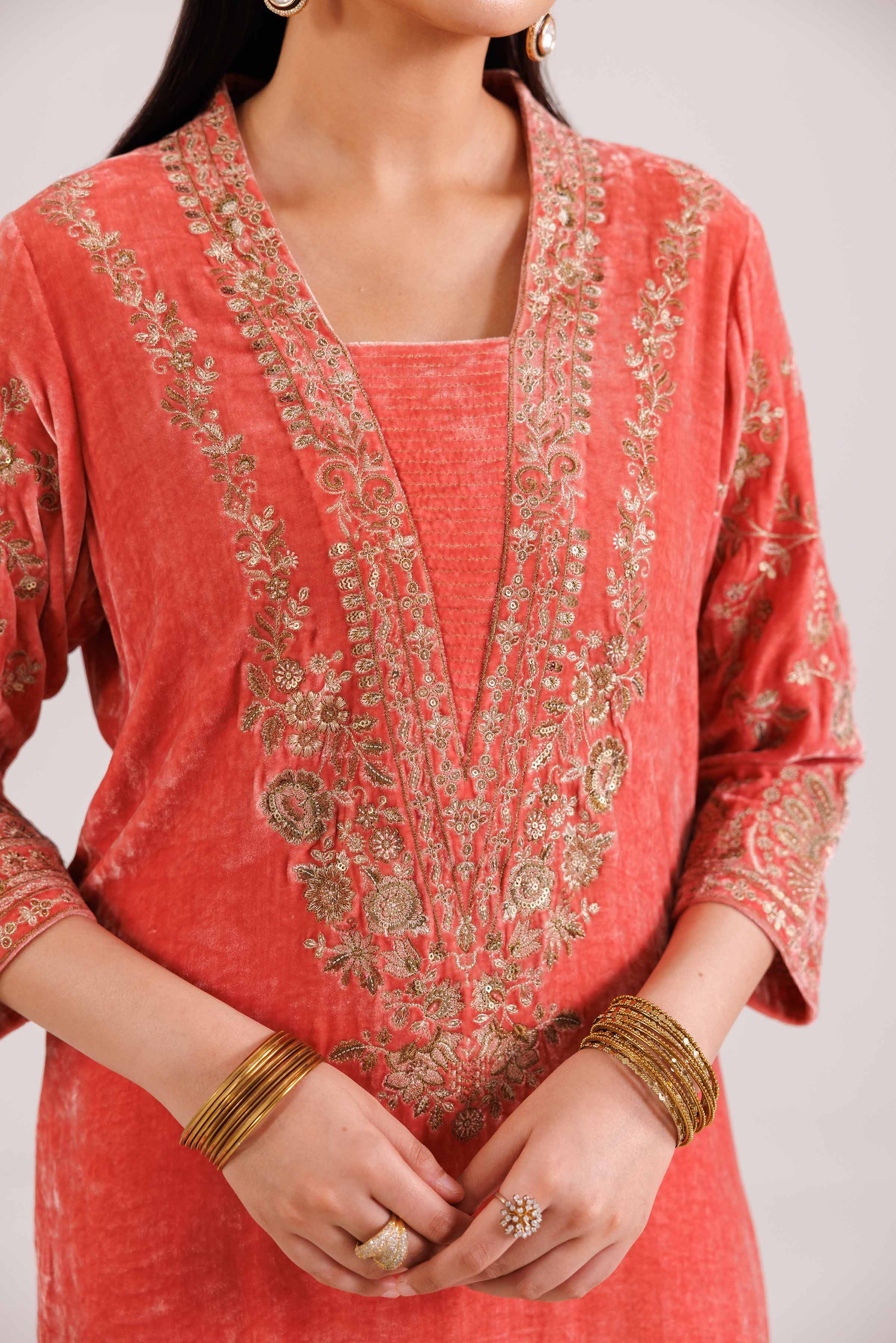 NISHATUAE - Coral Embroidered Velvet 2-piece Ready to wear Dress