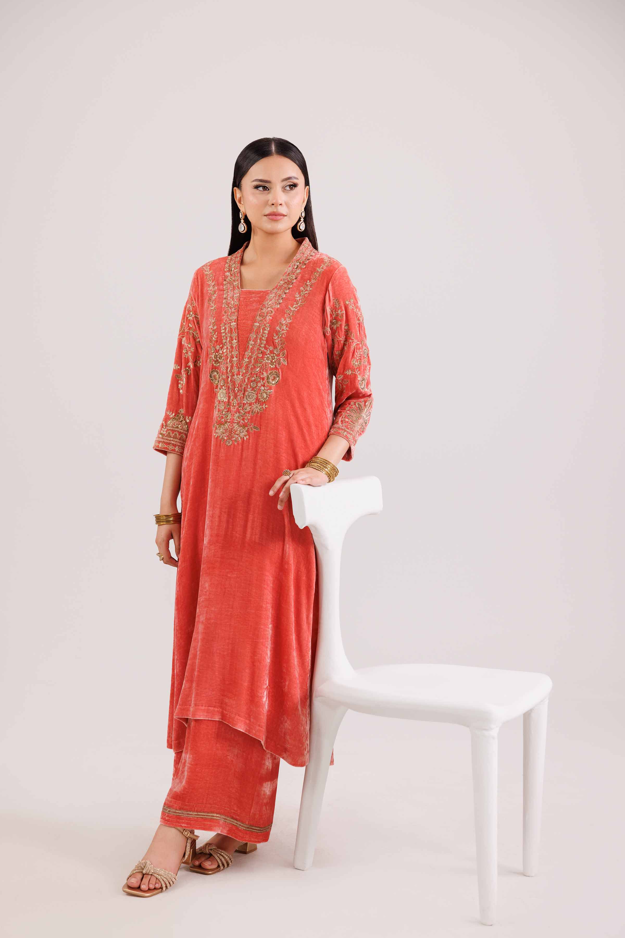 NISHATUAE - Coral Embroidered Velvet 2-piece Ready to wear Dress