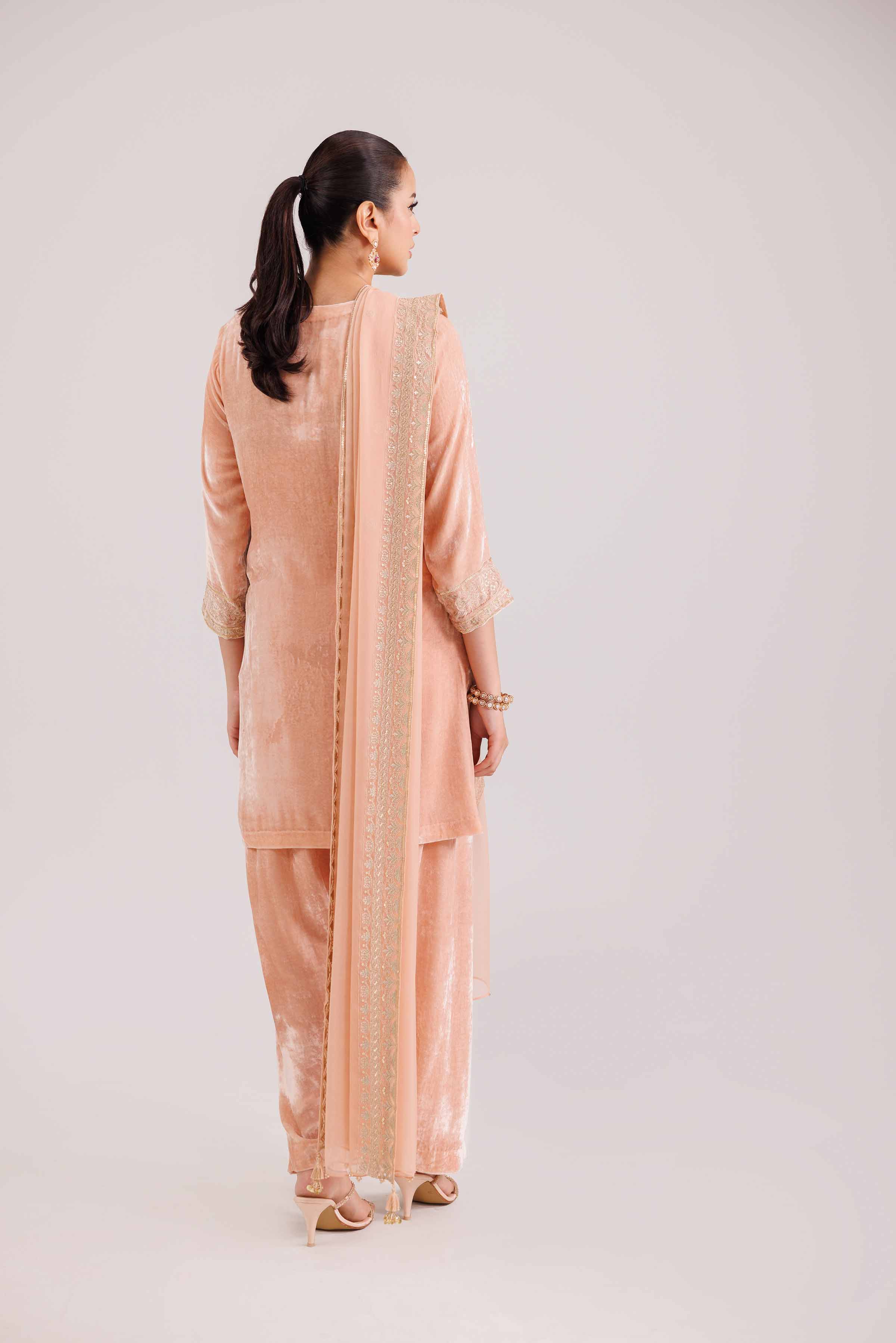 NISHATUAE - Orange Embroidered Velvet 3-piece Ready to wear Suit