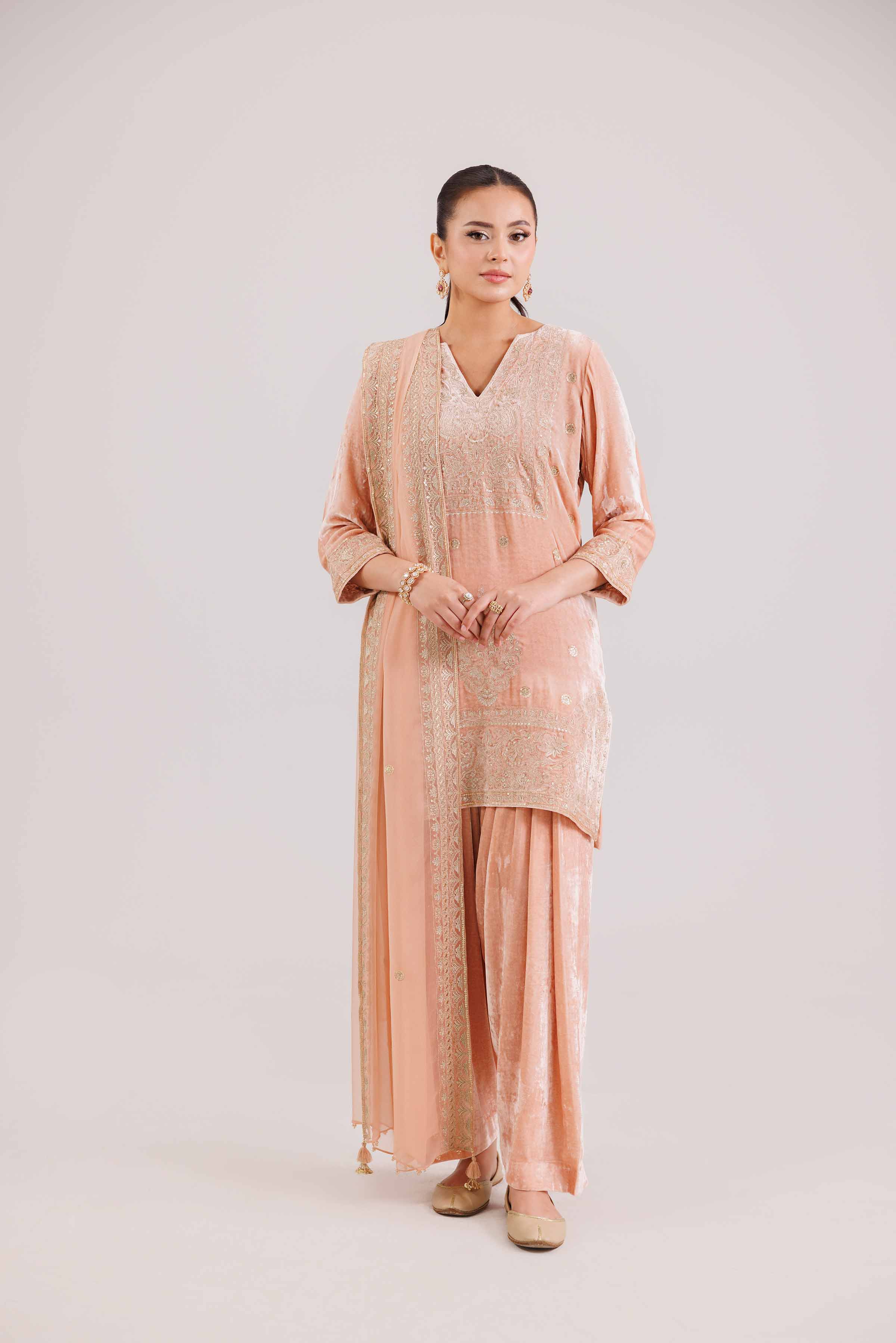 NISHATUAE - Orange Embroidered Velvet 3-piece Ready to wear Suit
