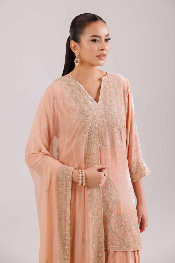NISHATUAE - Orange Embroidered Velvet 3-piece Ready to wear Suit