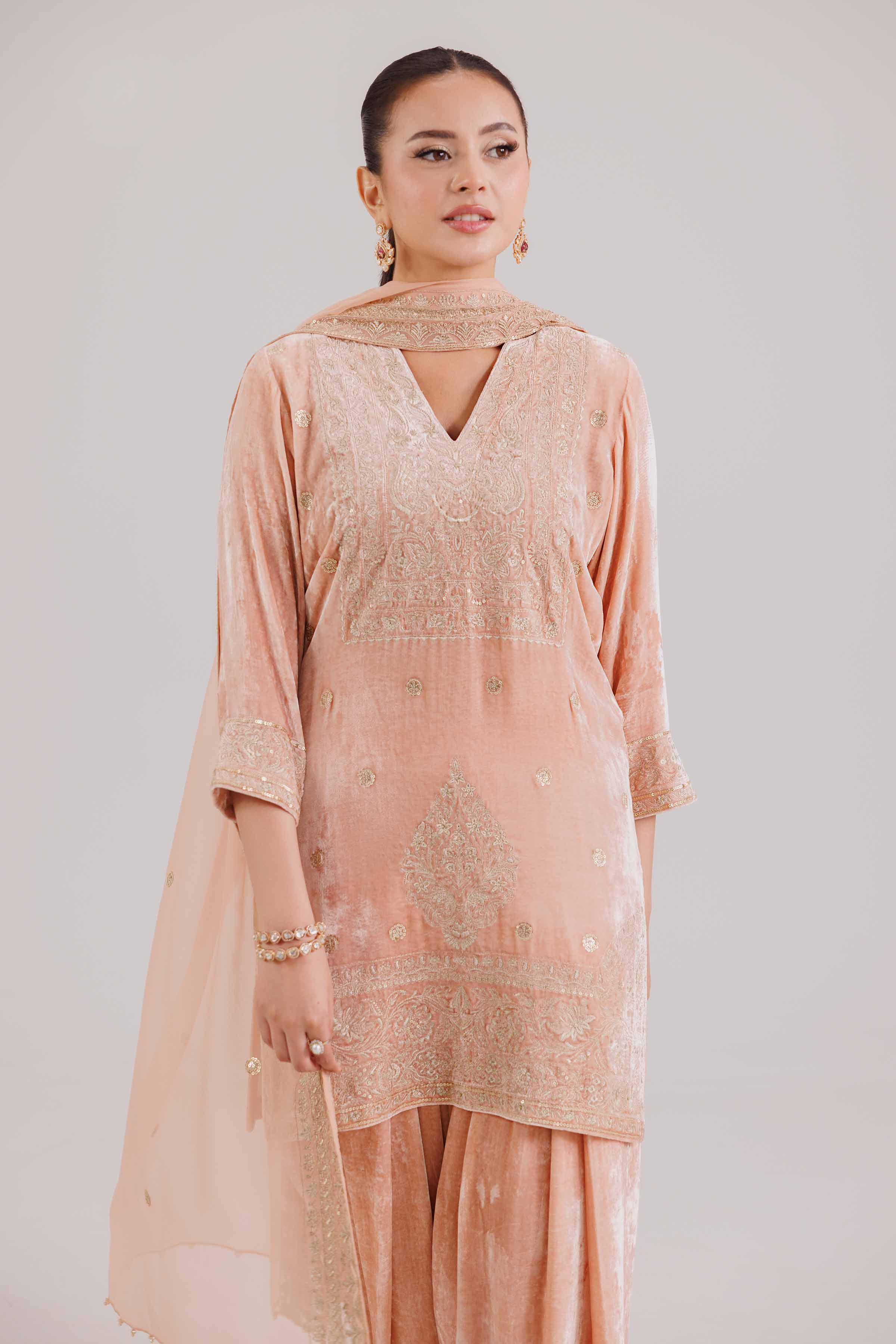 NISHATUAE - Orange Embroidered Velvet 3-piece Ready to wear Suit