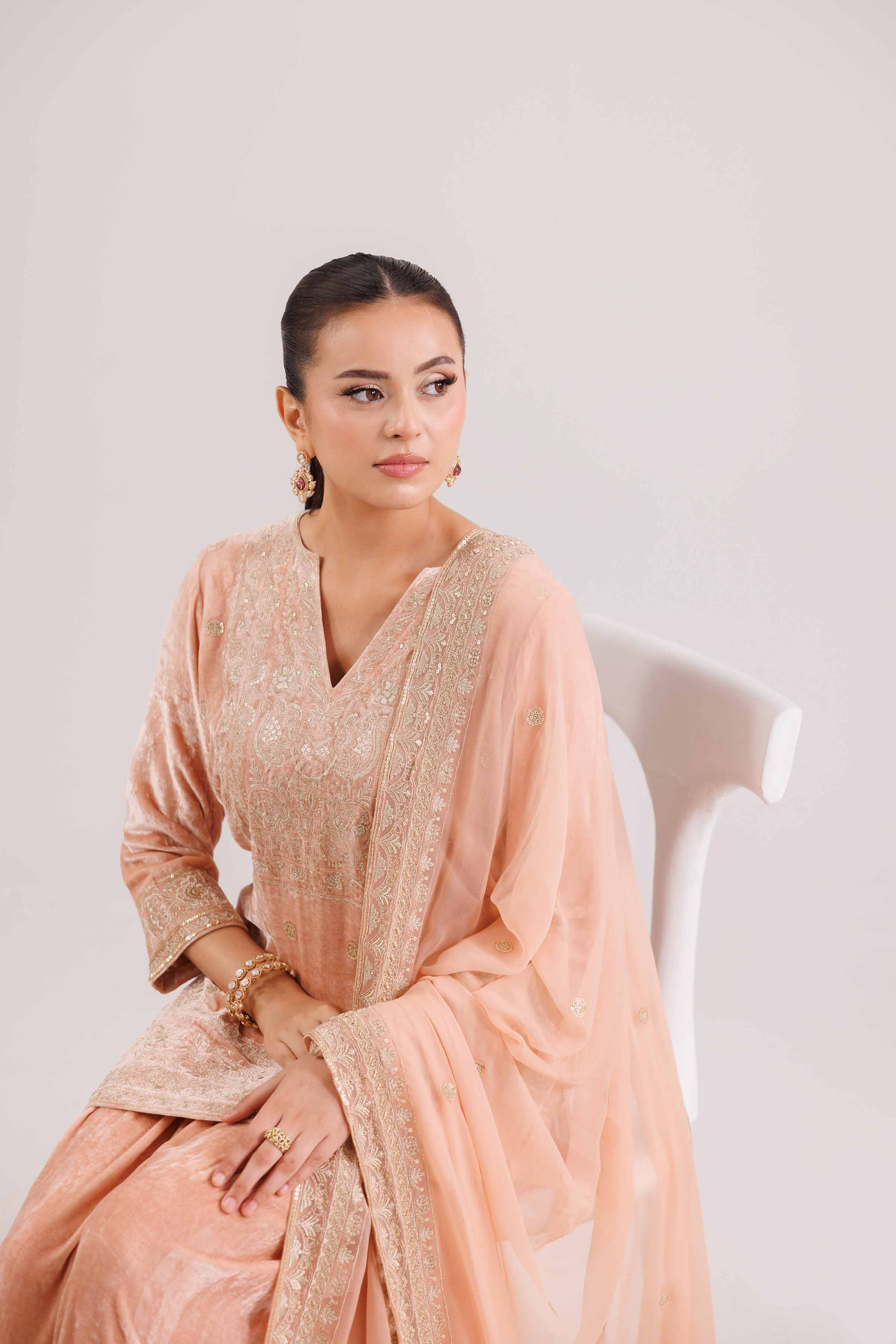 NISHATUAE - Orange Embroidered Velvet 3-piece Ready to wear Suit