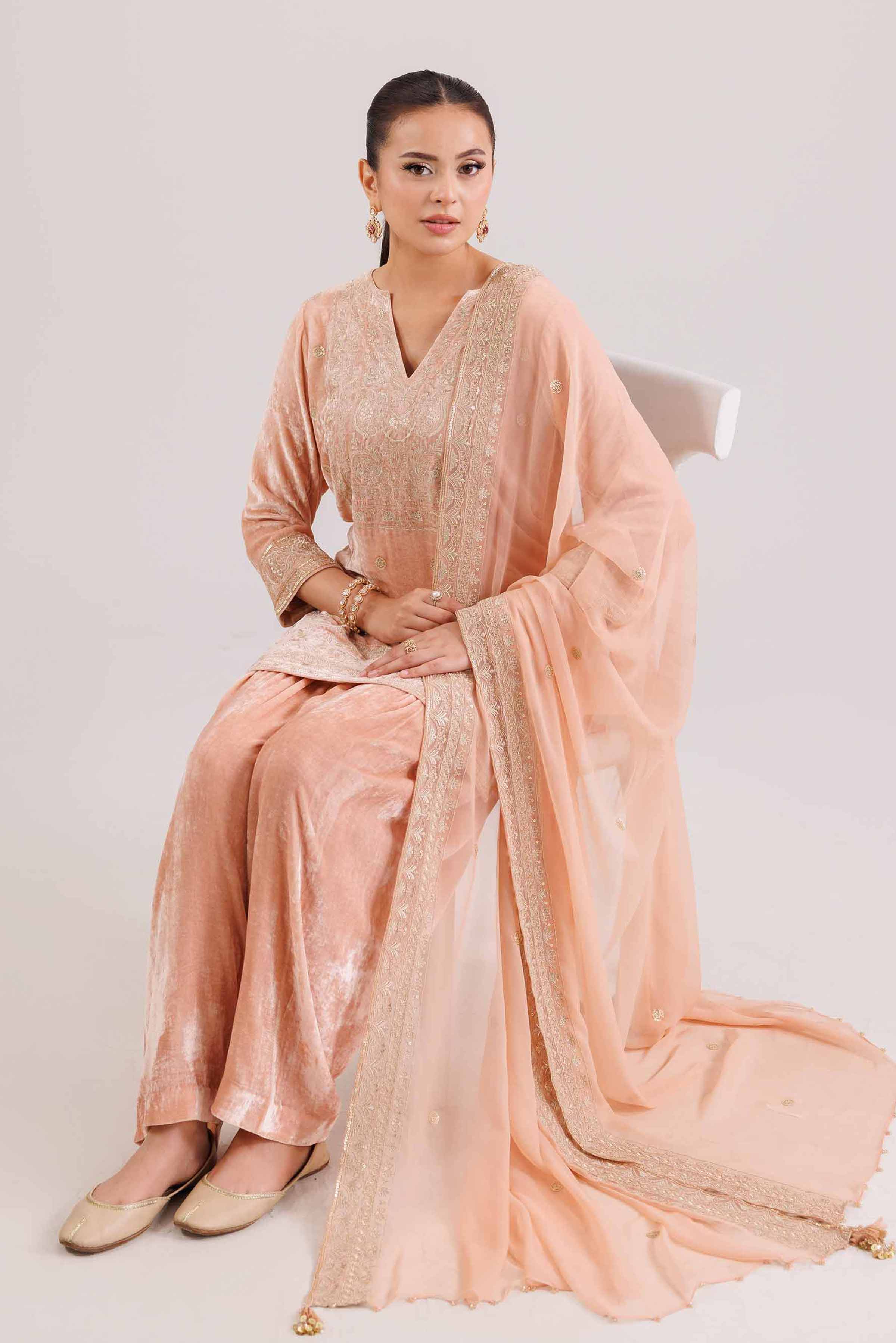 NISHATUAE - Orange Embroidered Velvet 3-piece Ready to wear Suit