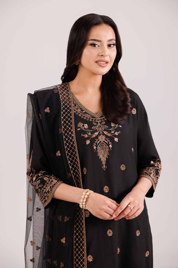 NISHATUAE - Black Embroidered Silk 3-piece Ready to wear Suit
