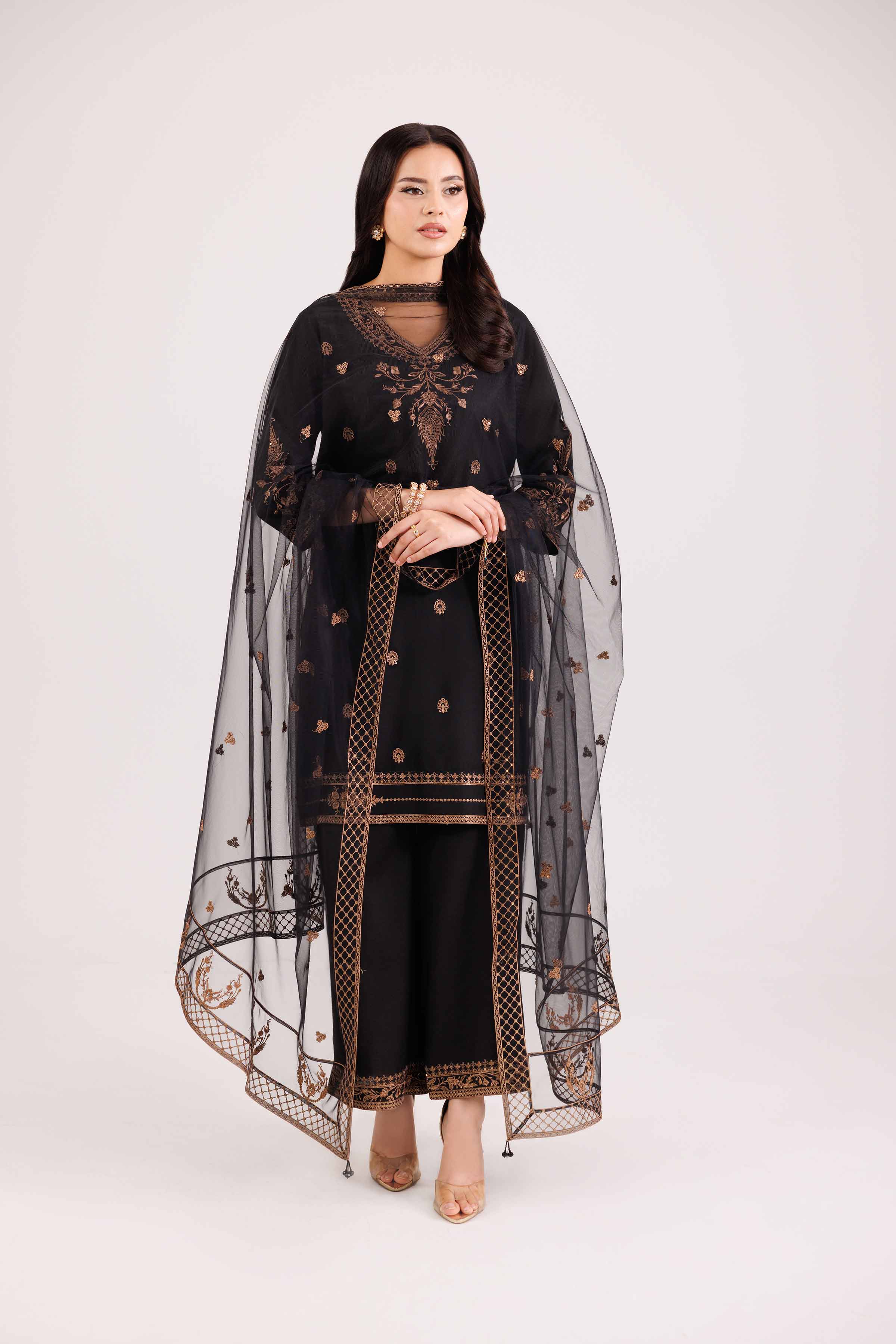 NISHATUAE - Black Embroidered Silk 3-piece Ready to wear Suit