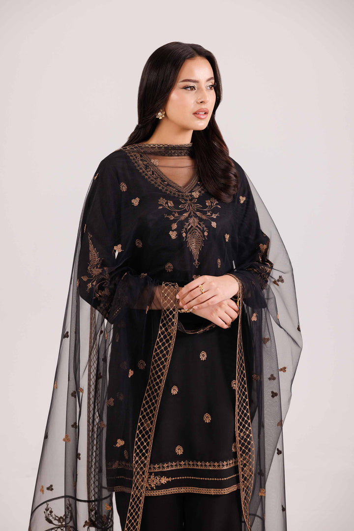 NISHATUAE - Black Embroidered Silk 3-piece Ready to wear Suit
