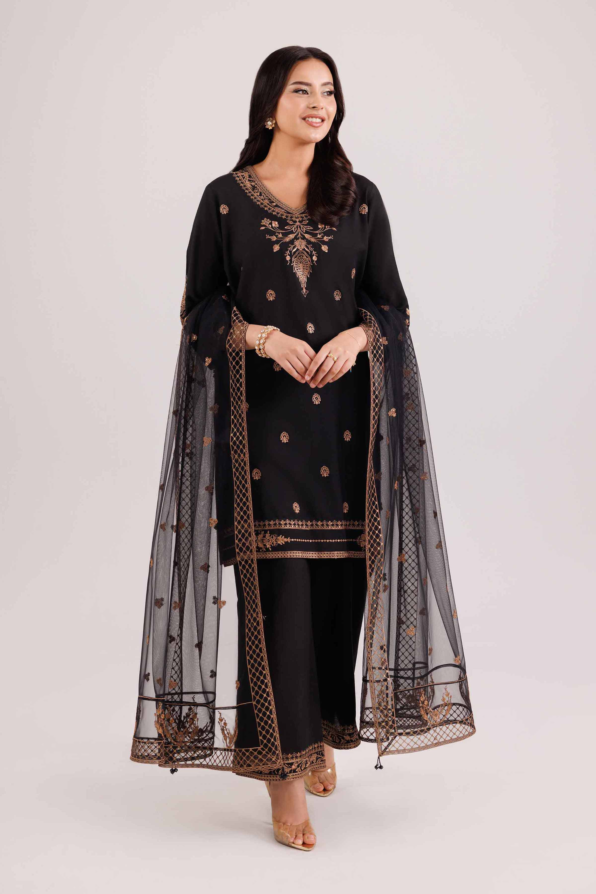 NISHATUAE - Black Embroidered Silk 3-piece Ready to wear Suit