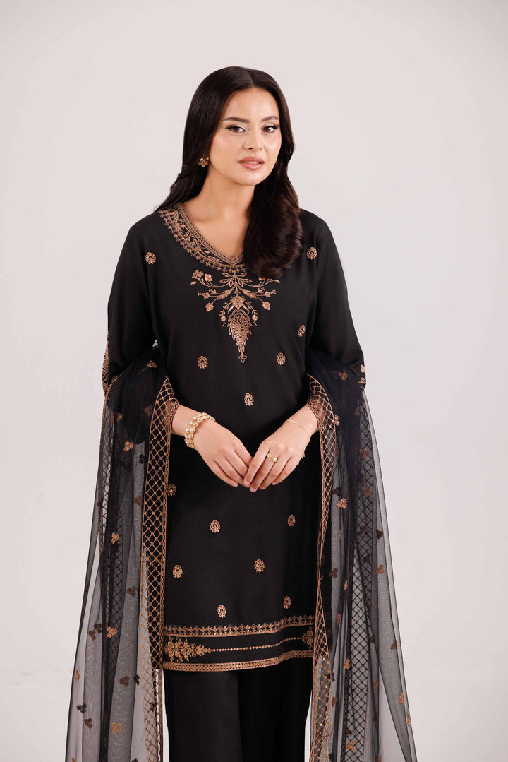 NISHATUAE - Black Embroidered Silk 3-piece Ready to wear Suit