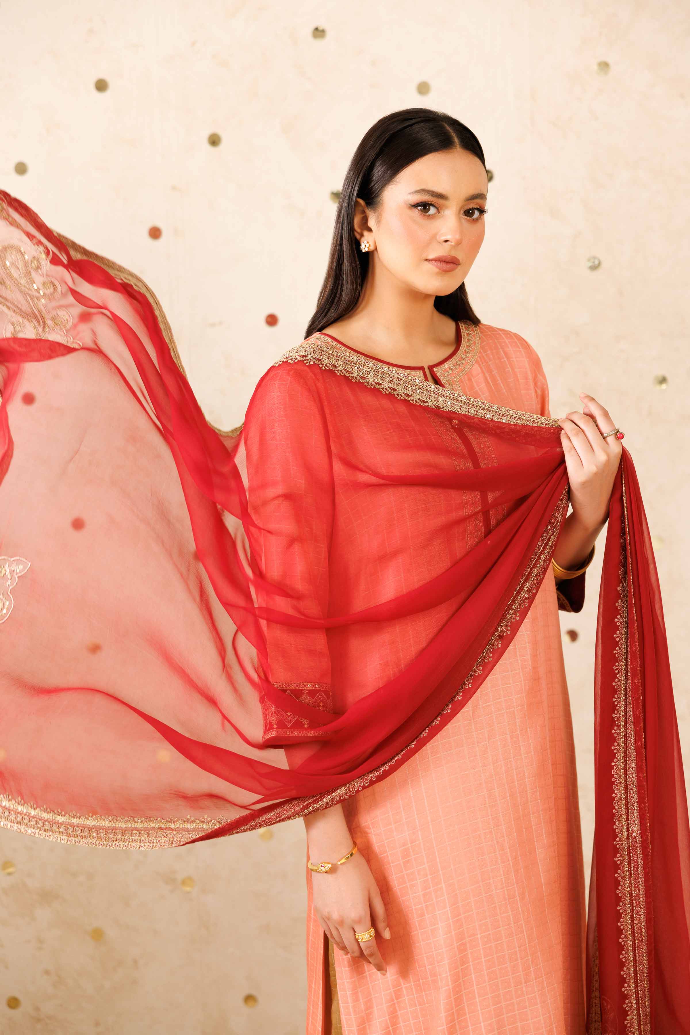 NISHATUAE - Peach Embroidered Polyester 3-piece Ready to wear Suit