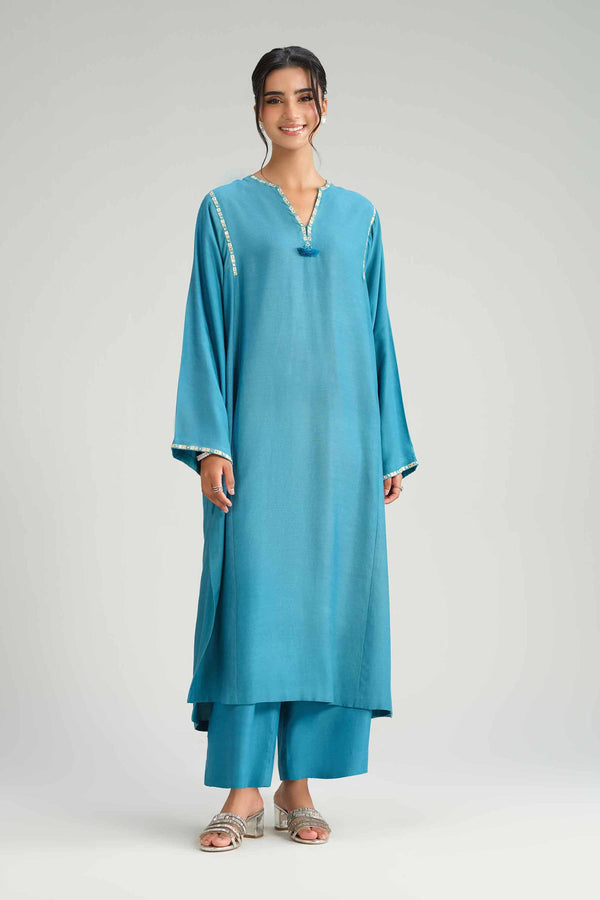 NISHATUAE - Blue Solids Silk 2-piece Ready to wear Dress