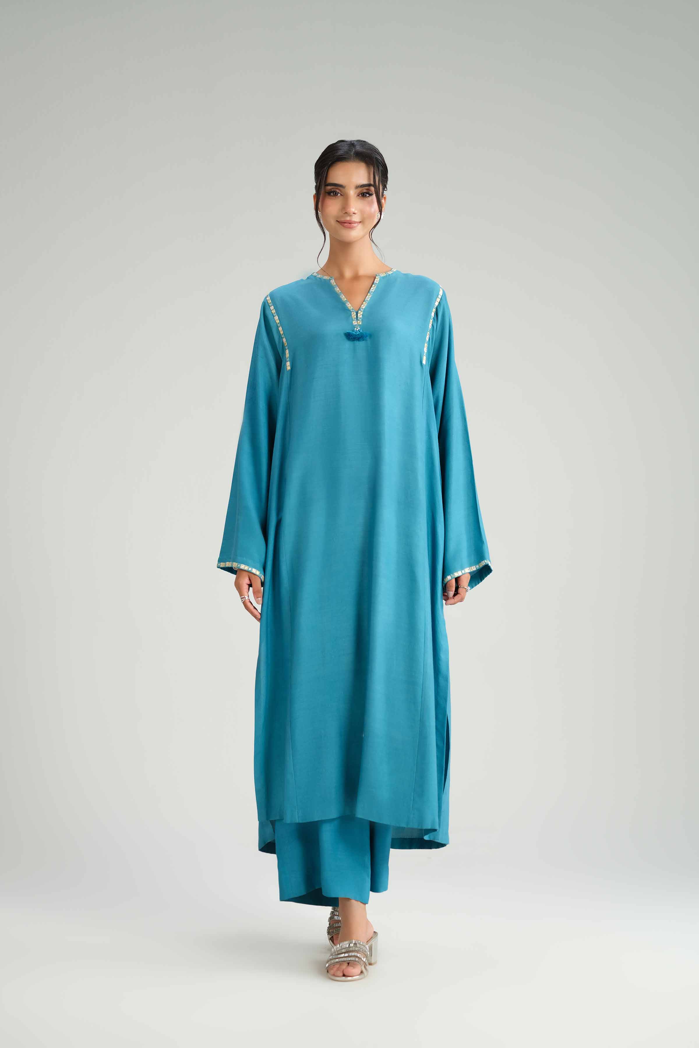 NISHATUAE - Blue Solids Silk 2-piece Ready to wear Dress