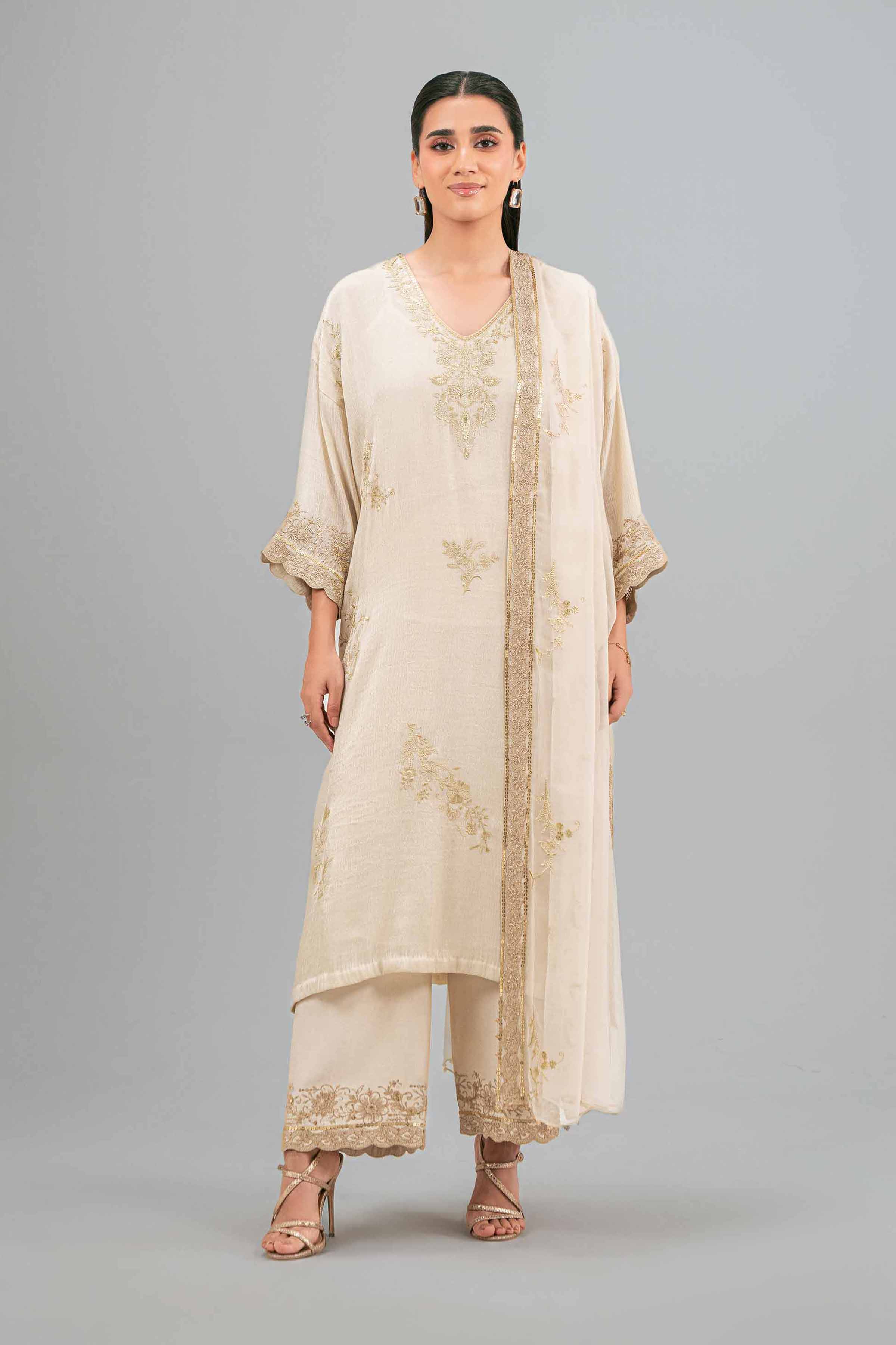 NISHATUAE - Beige Embroidered Chiffon 3-piece Ready to wear Suit