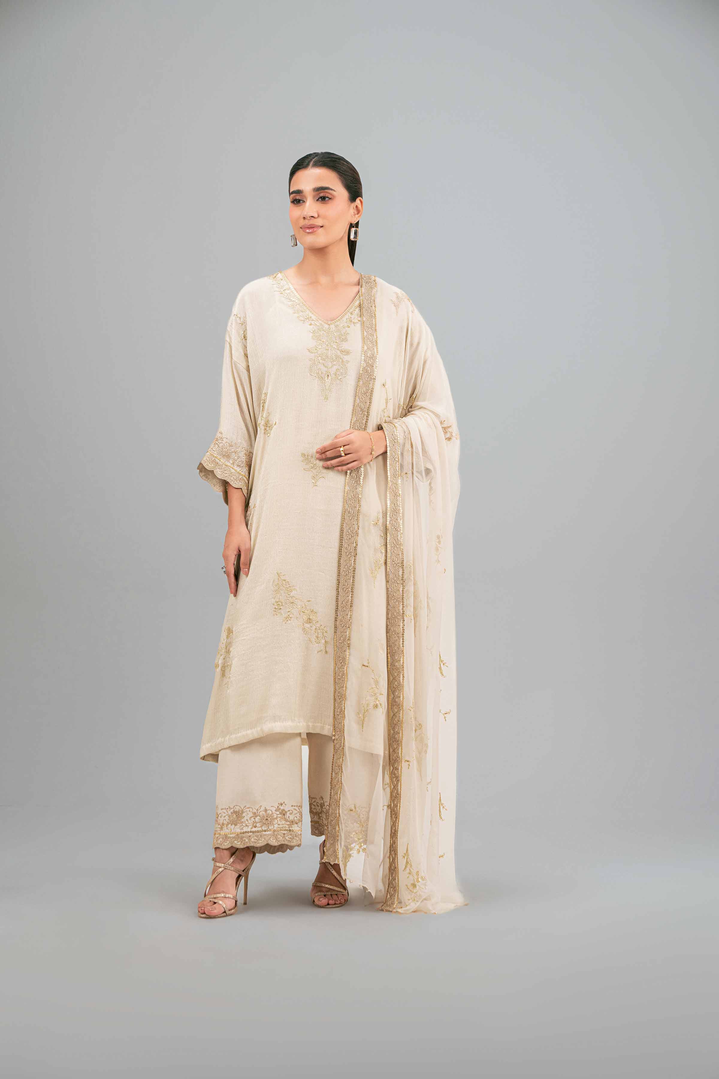 NISHATUAE - Beige Embroidered Chiffon 3-piece Ready to wear Suit