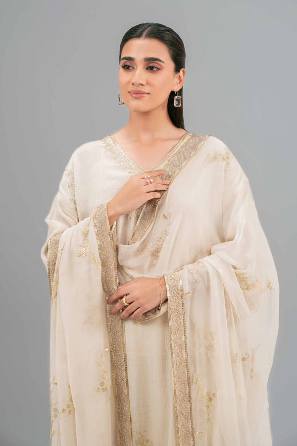 NISHATUAE - Beige Embroidered Chiffon 3-piece Ready to wear Suit