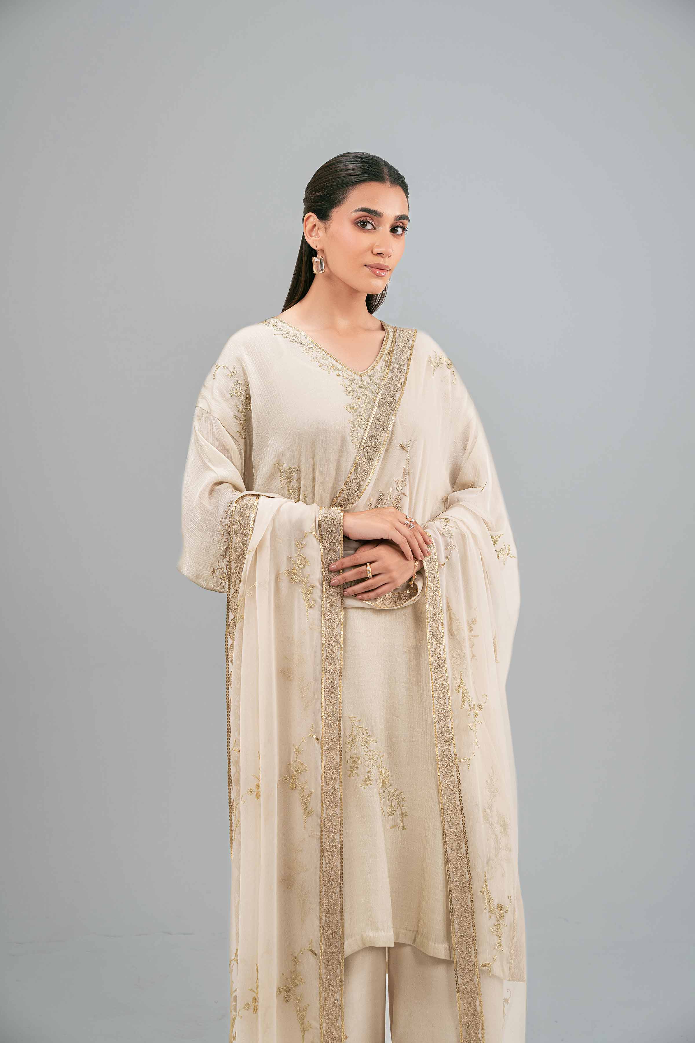 NISHATUAE - Beige Embroidered Chiffon 3-piece Ready to wear Suit