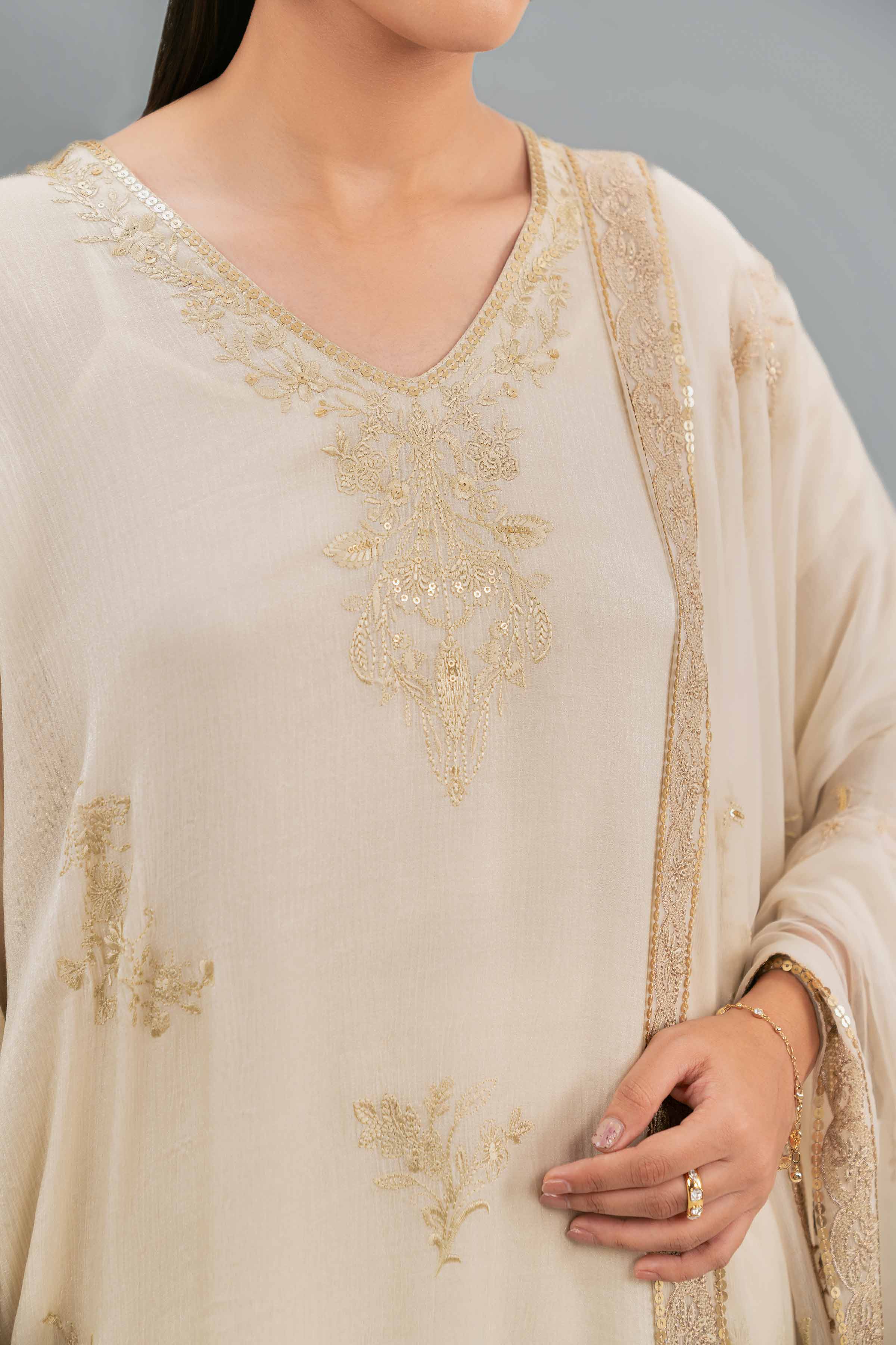 NISHATUAE - Beige Embroidered Chiffon 3-piece Ready to wear Suit
