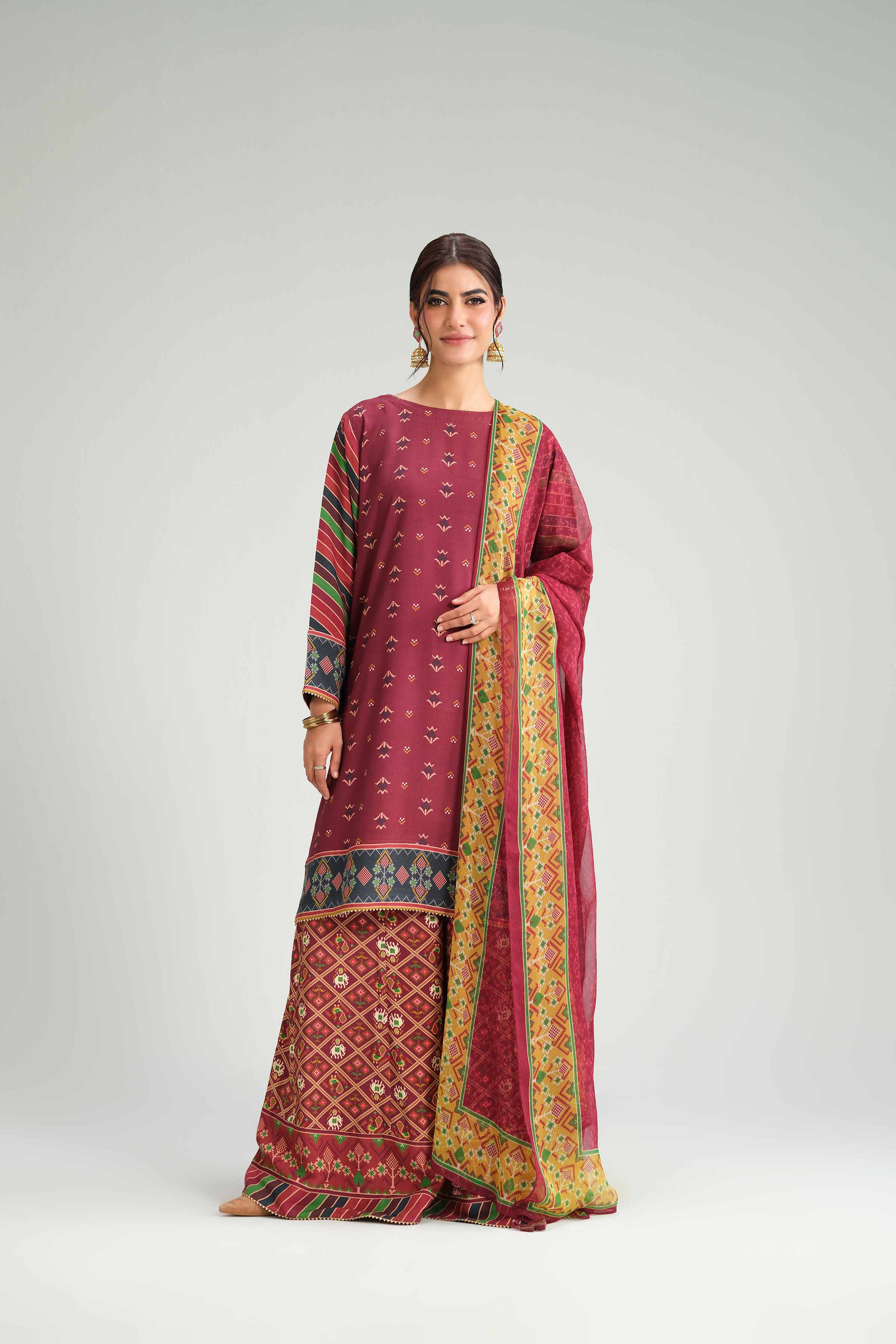 NISHATUAE - Red Embroidered Silk 3-piece Ready to wear Suit