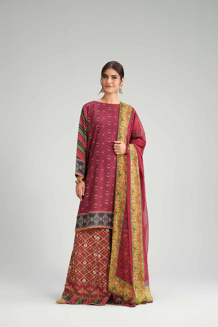 NISHATUAE - Red Embroidered Silk 3-piece Ready to wear Suit