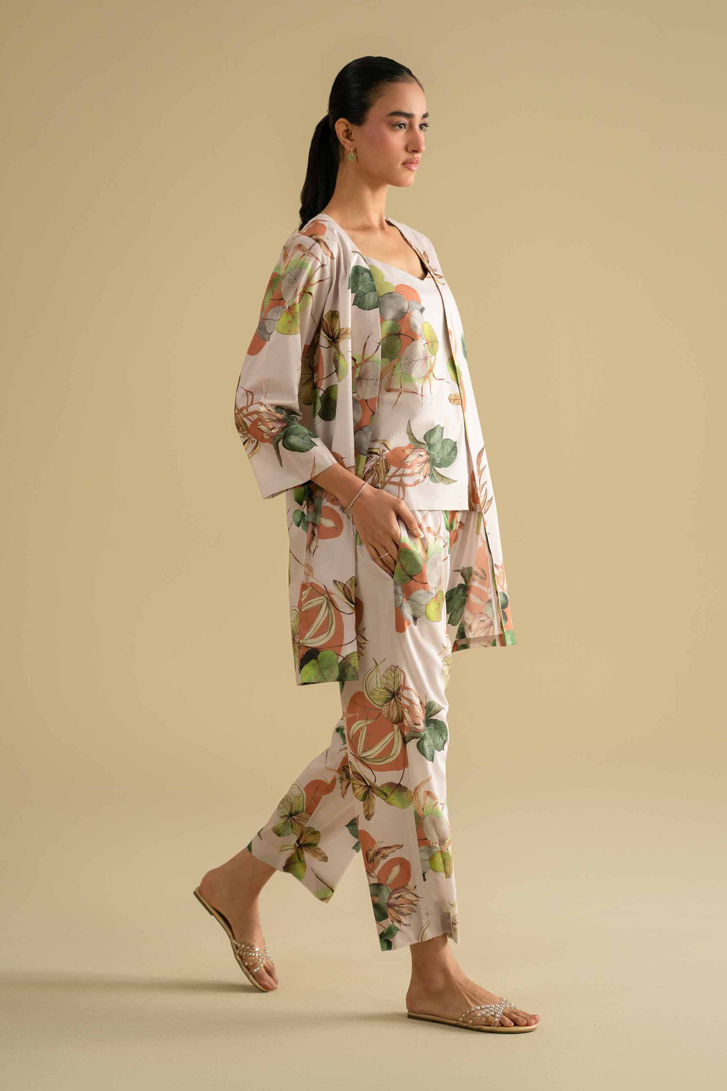 3 Piece - Printed Loungewear - KLS26-03 Off White Cambric 3PC Printed LUXURY
