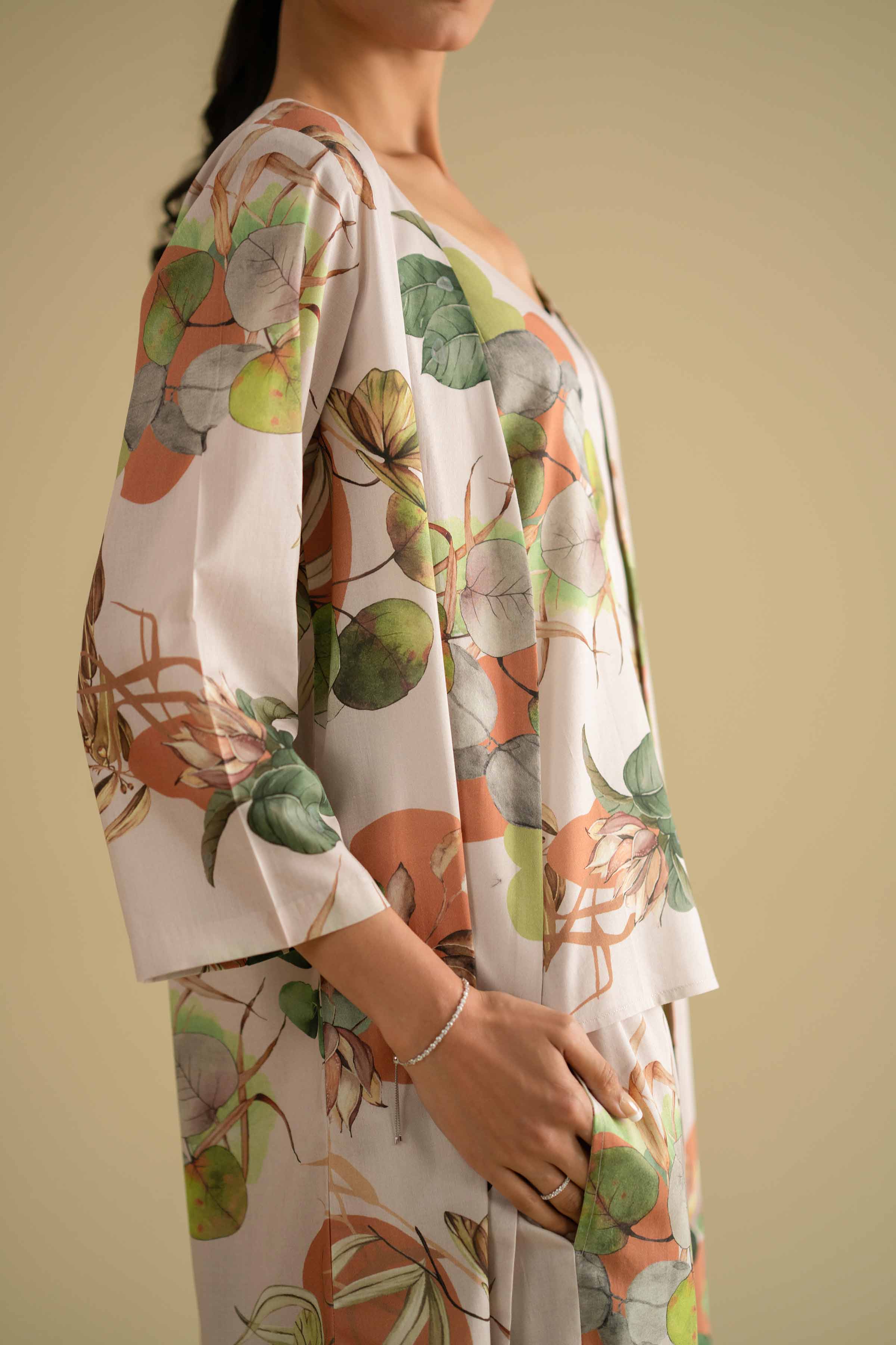 3 Piece - Printed Loungewear - KLS26-03 Off White Cambric 3PC Printed LUXURY