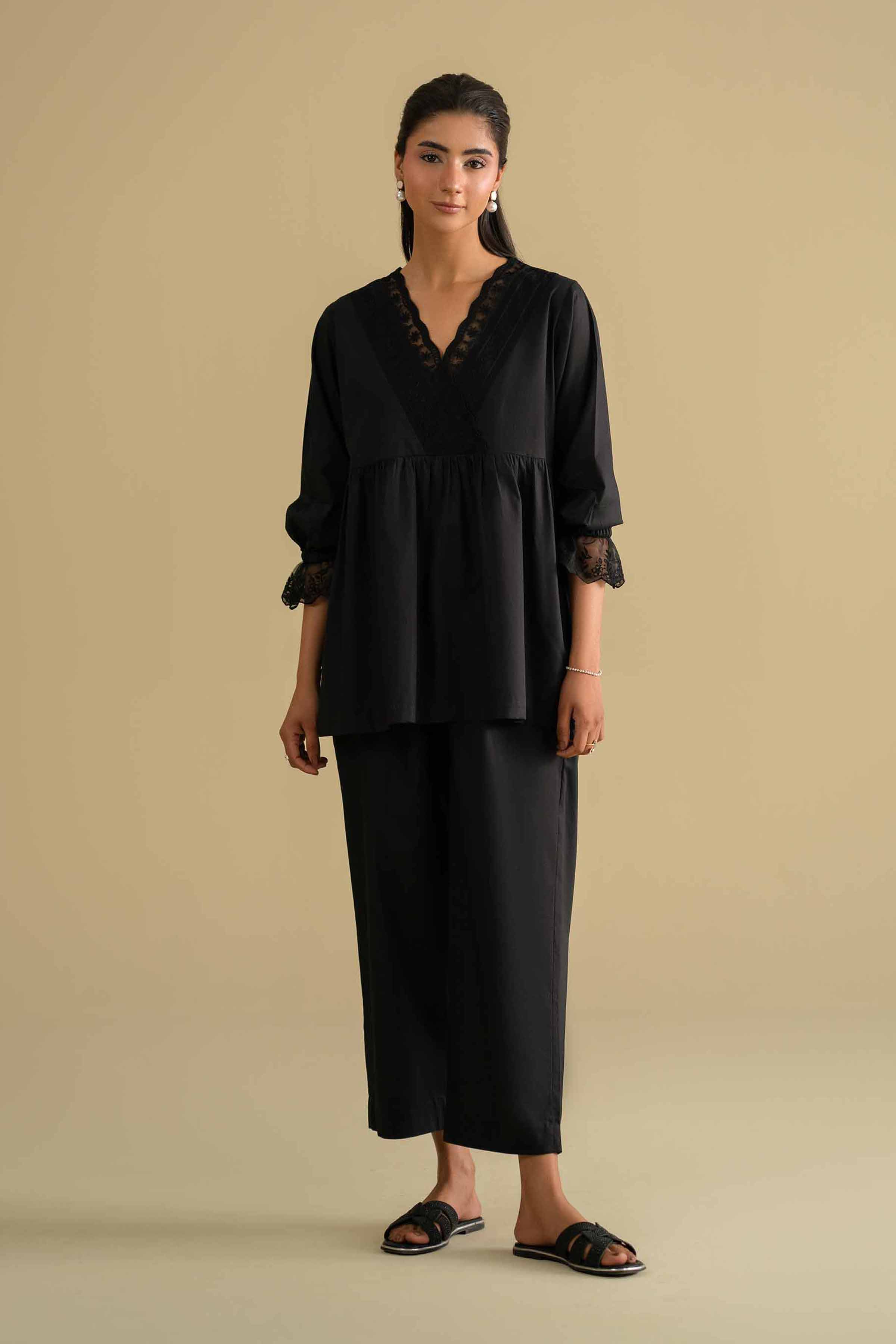 2 Piece - Embroidered Loungewear - KLS26-05 Black Cambric 2PC Embroidered LUXURY