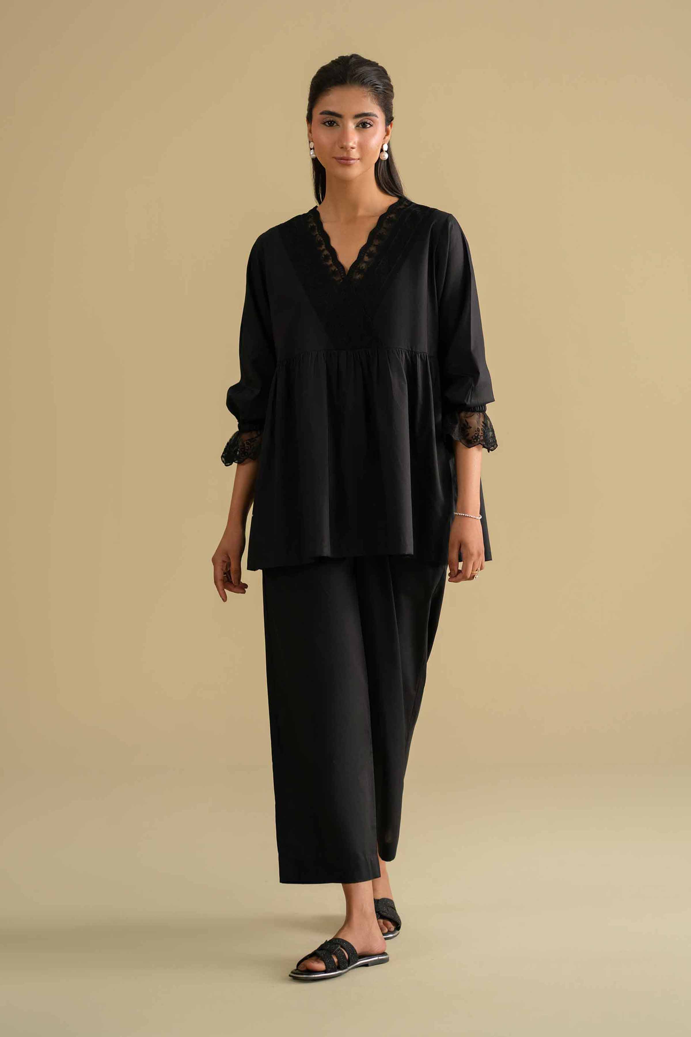 2 Piece - Embroidered Loungewear - KLS26-05 Black Cambric 2PC Embroidered LUXURY