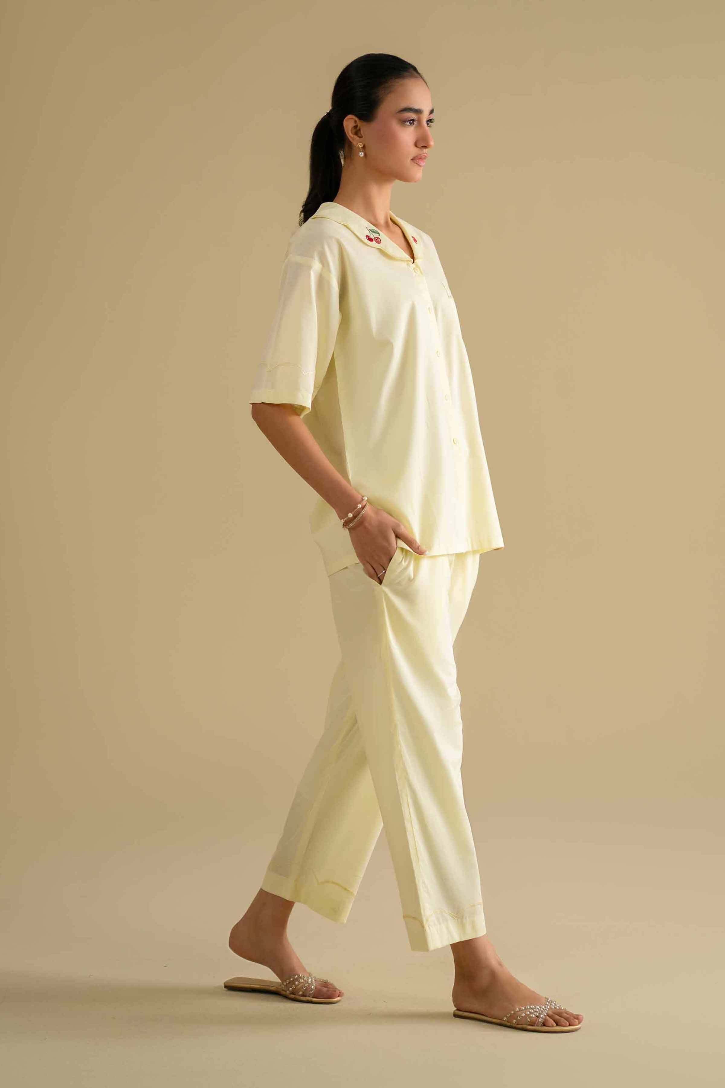 2 Piece - Embroidered Loungewear - KLS26-06 Yellow Cambric 2PC Embroidered LUXURY